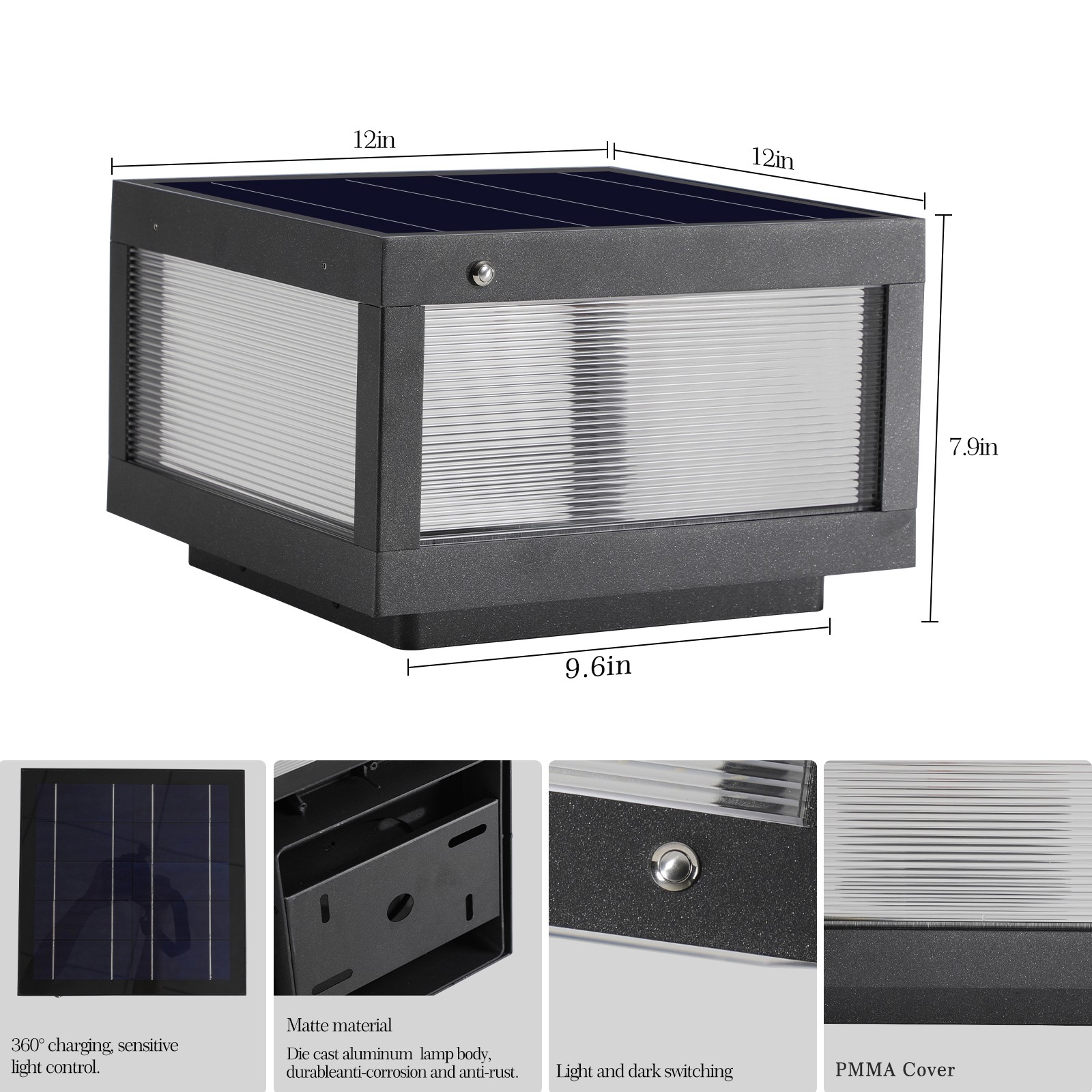 12” Modern Solar Lamp Post LED Pillar Light Outdoor Square Dusk to Dawn Black