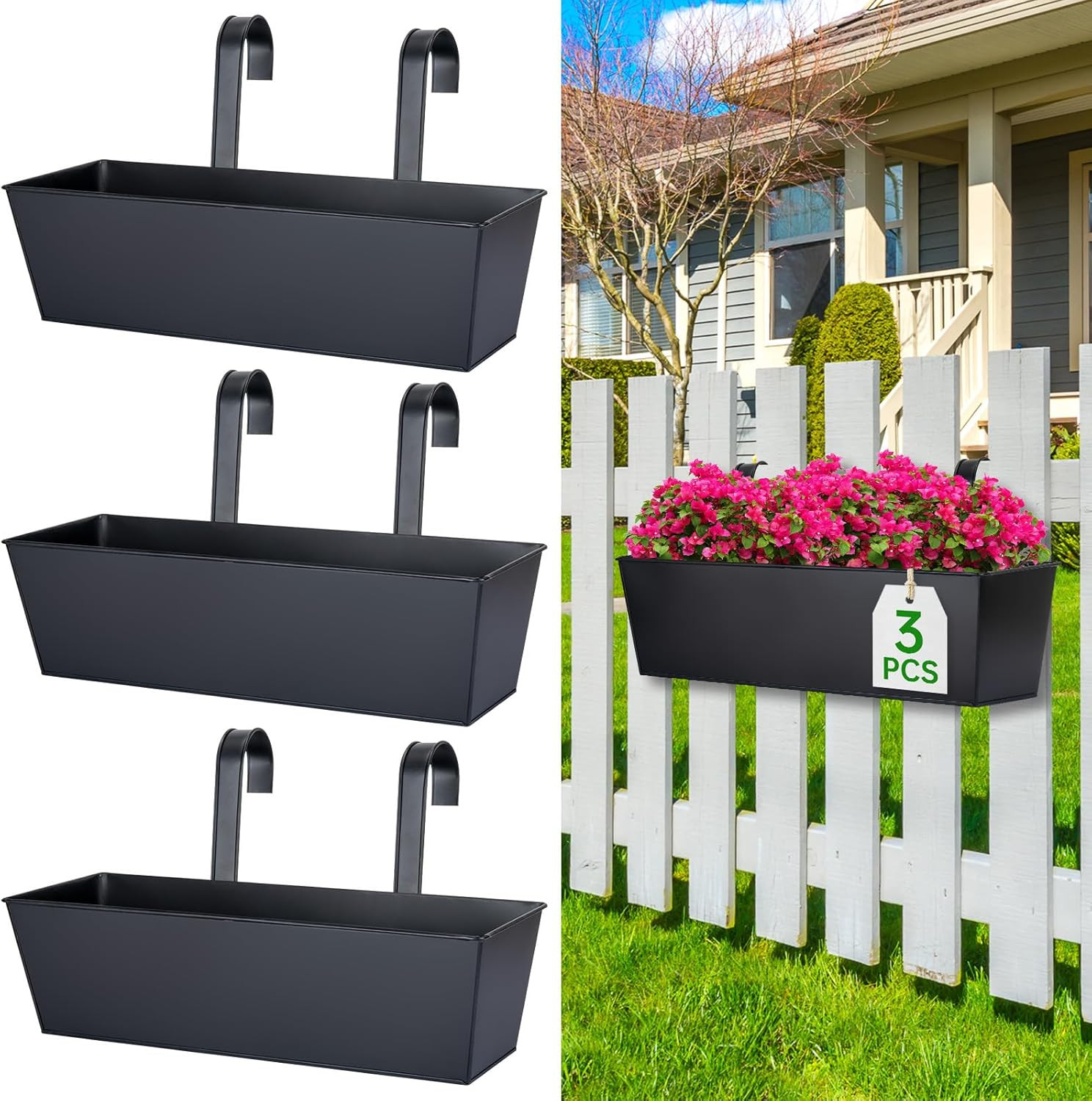 OGIMA 16-Inch Railing Planter Box, 3 Pack Large Hanging Planters for Outdoor Pla