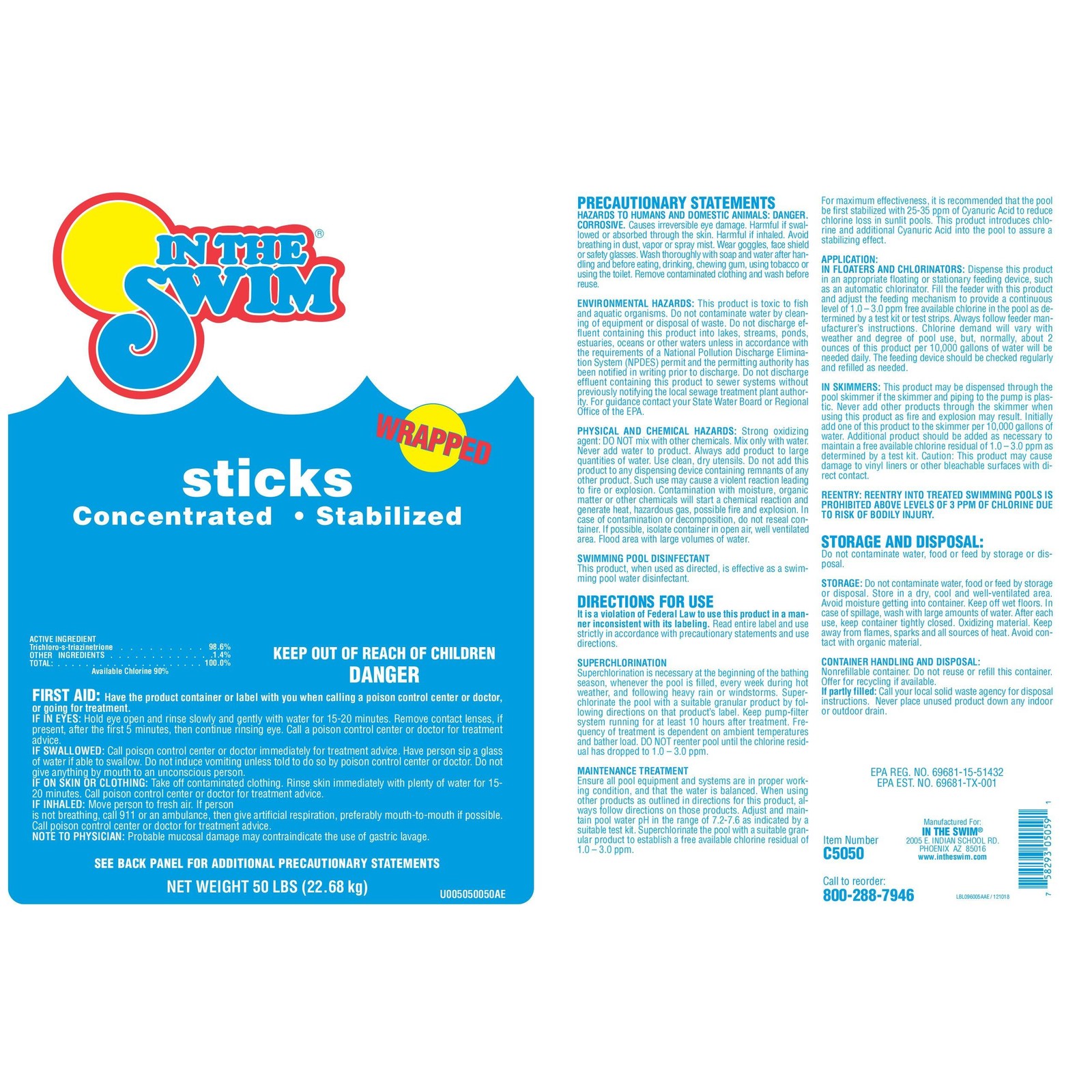 In The Swim 4 Inch Stabilized Chlorine Sticks – 98.6% Trichlor 50 Pounds