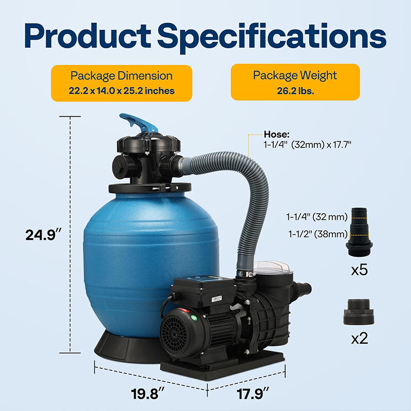 Sand Filter Above Ground w/ 1/2HP Pool Pump 2850GPH Flow 14″ 6-Way Valve & Timer