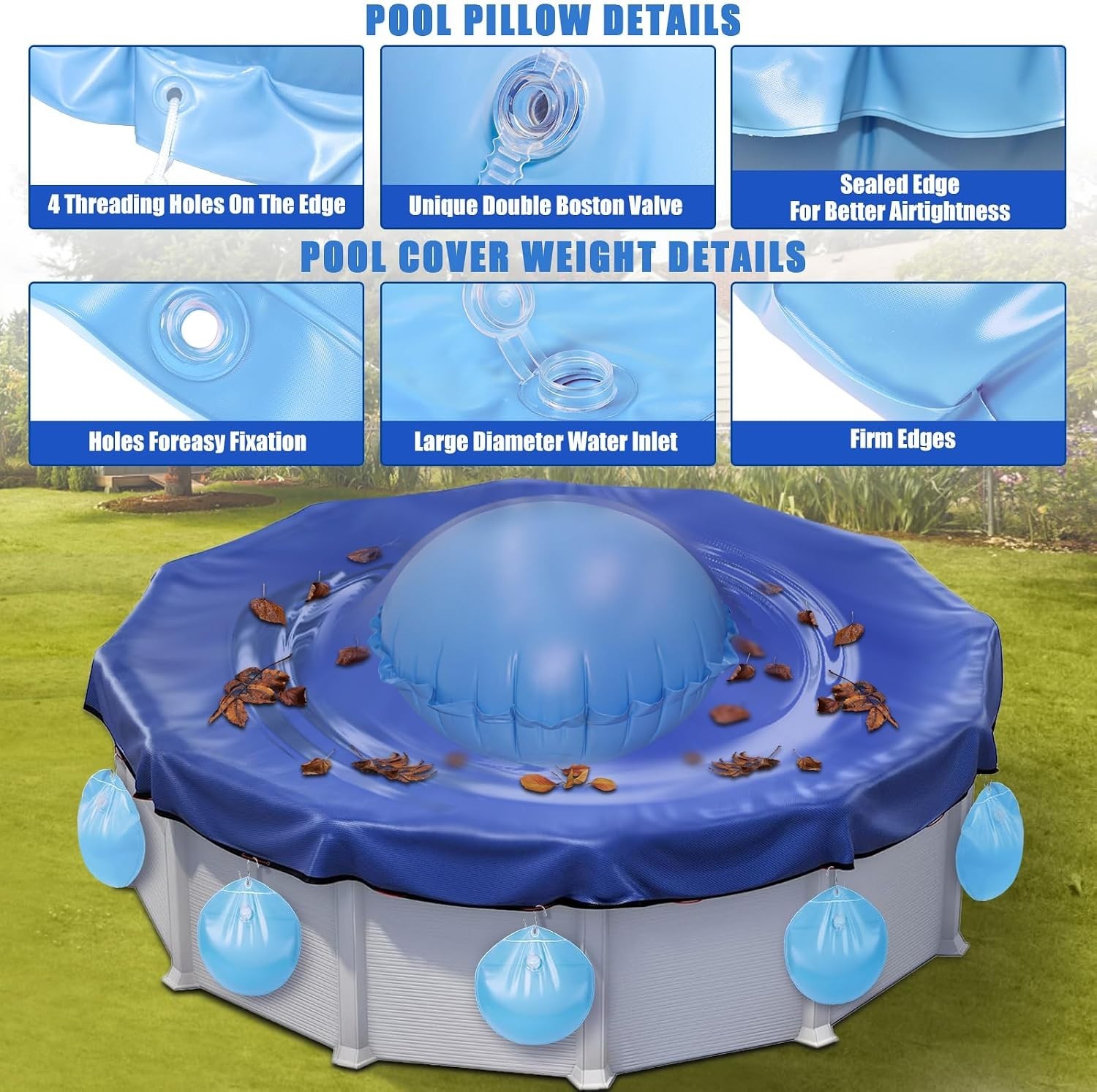 5Ft Pool Pillow Set with 16PCS Cover Weights Winter PVC Above Ground Pool Cov…