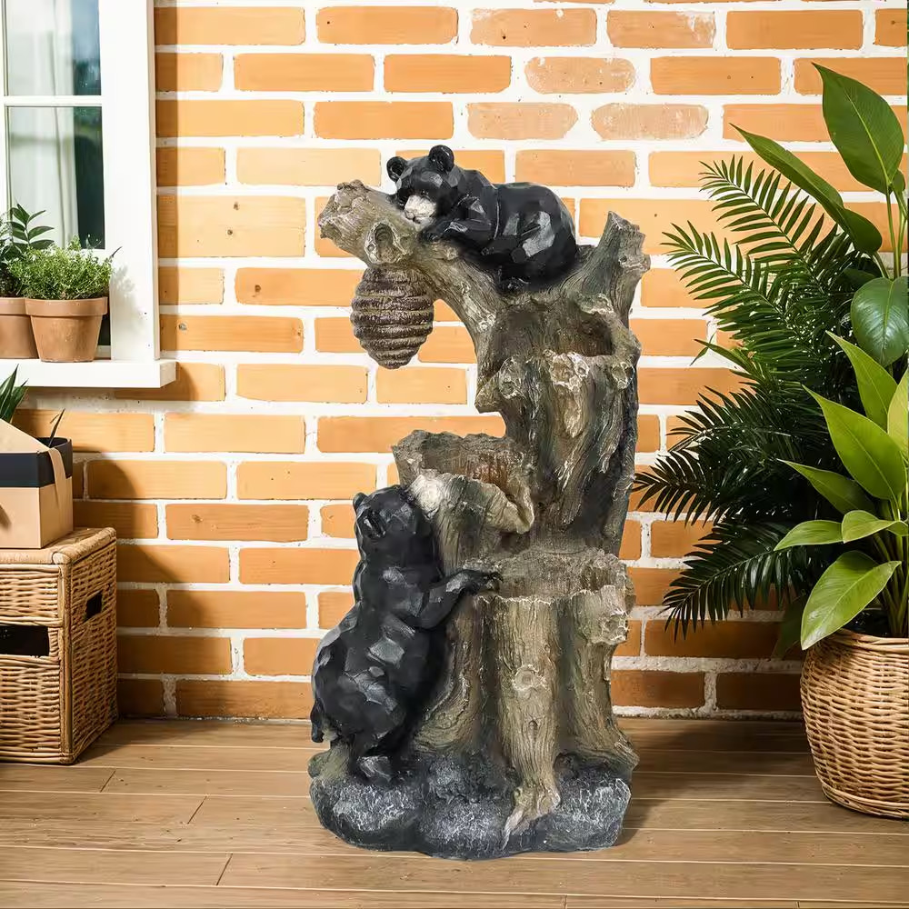 22.4 In. Outdoor Water Fountain, 3-Tiered Fountain with Bear Design and LED Ligh