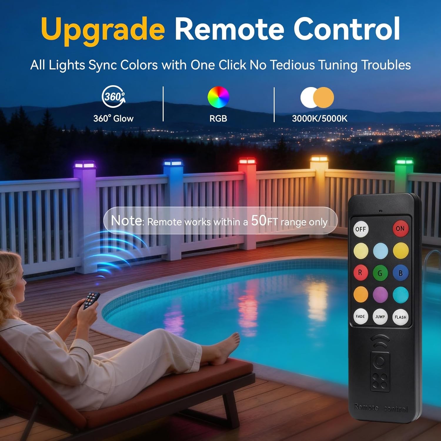 4×4 Solar Post Cap Lights Outdoor w/ Remote RGB 9 Colors Fence Deck Garden Lamp