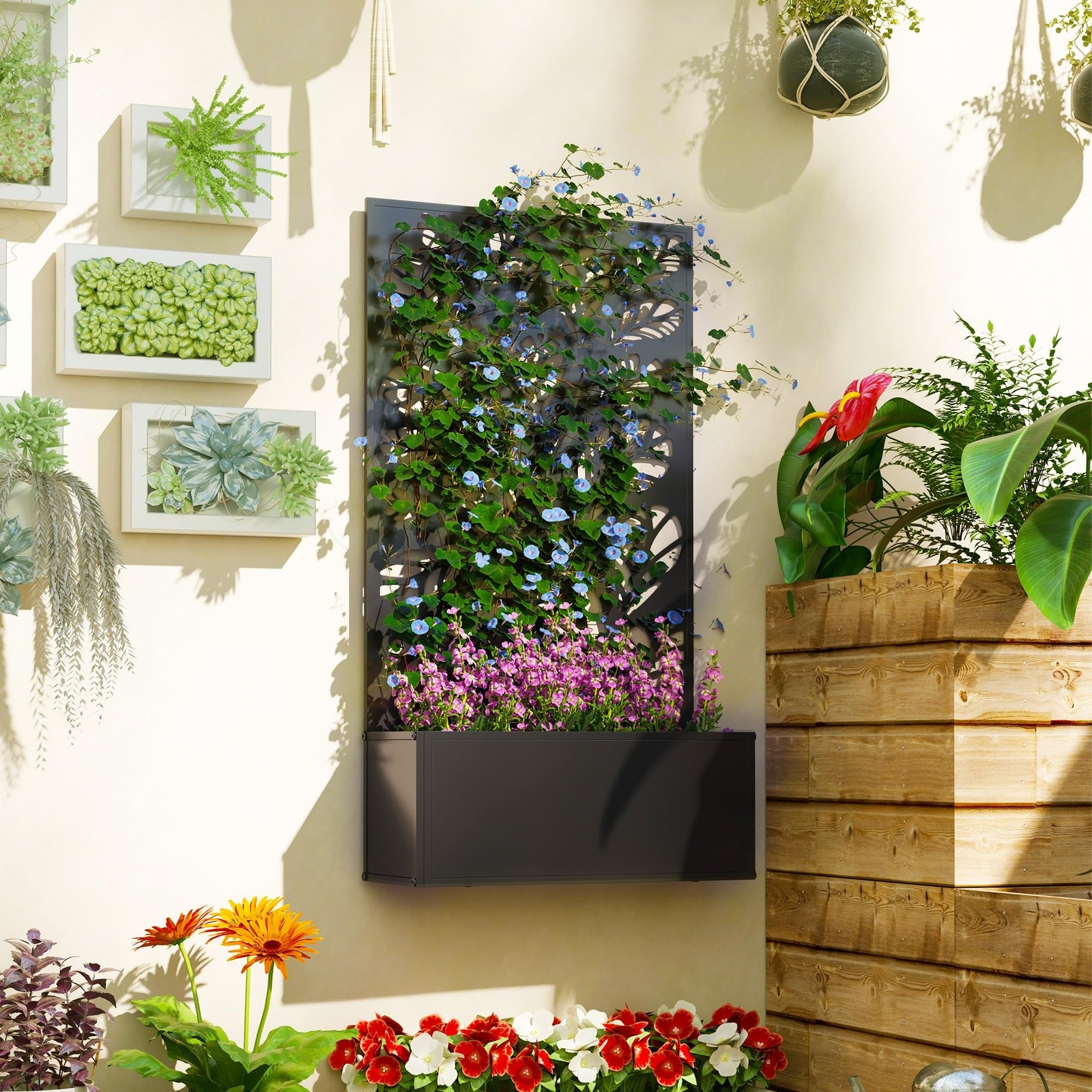 Outsunny Metal Raised Garden Bed with Trellis, Twigs and Leaves Cut-Outs