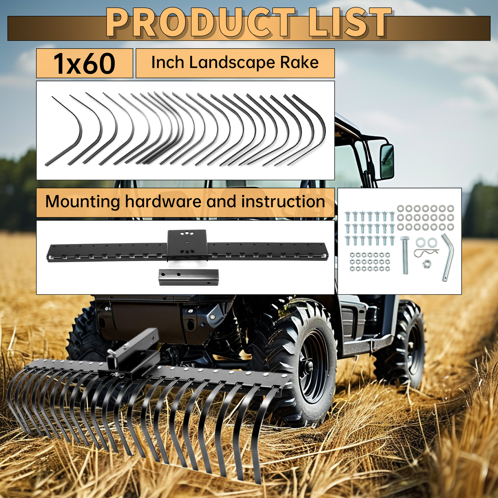 2″ Hitch Receiver 3 Point Landscape Rake 5′ For ATV UTV SXS Compact Tractors