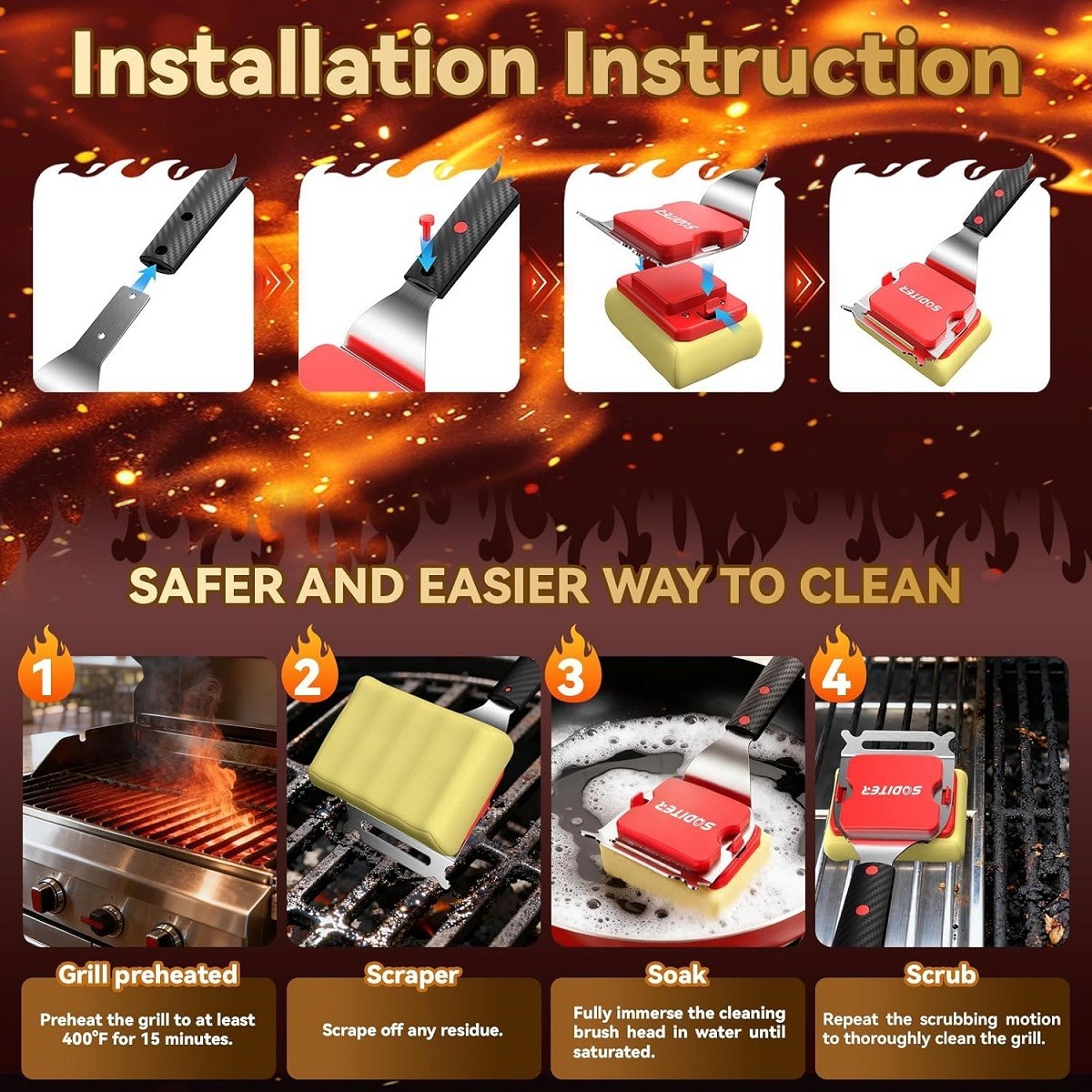 Bristle Free BBQ Grill Brush with Steam & Scraper Safe for Cast Iron & Stainless