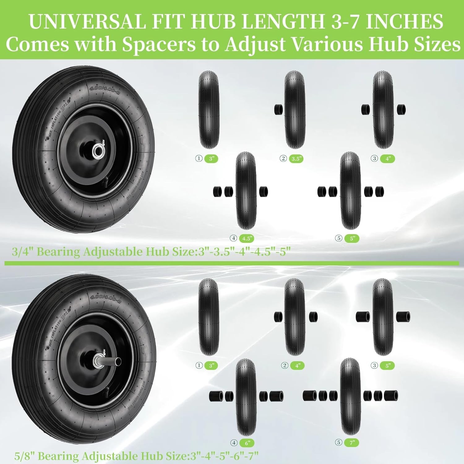 (2 Pack) 4.80/4.00-8 Tire and Wheel, 16″ Pneumatic Wheelbarrow Tires with 3″ Cen