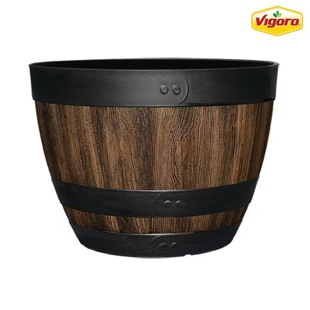 NEW Durable 20in Rustic Brown Resin Barrel Planter Outdoor Decor for Gardens