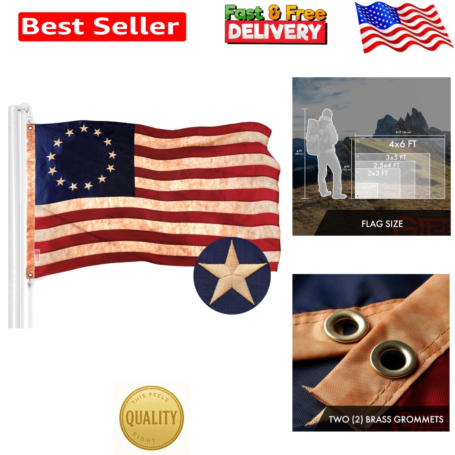 Betsy Ross Tea-Stained Flag | 3×5 Ft | ToughWeave Pro Series Embroidered 420D…