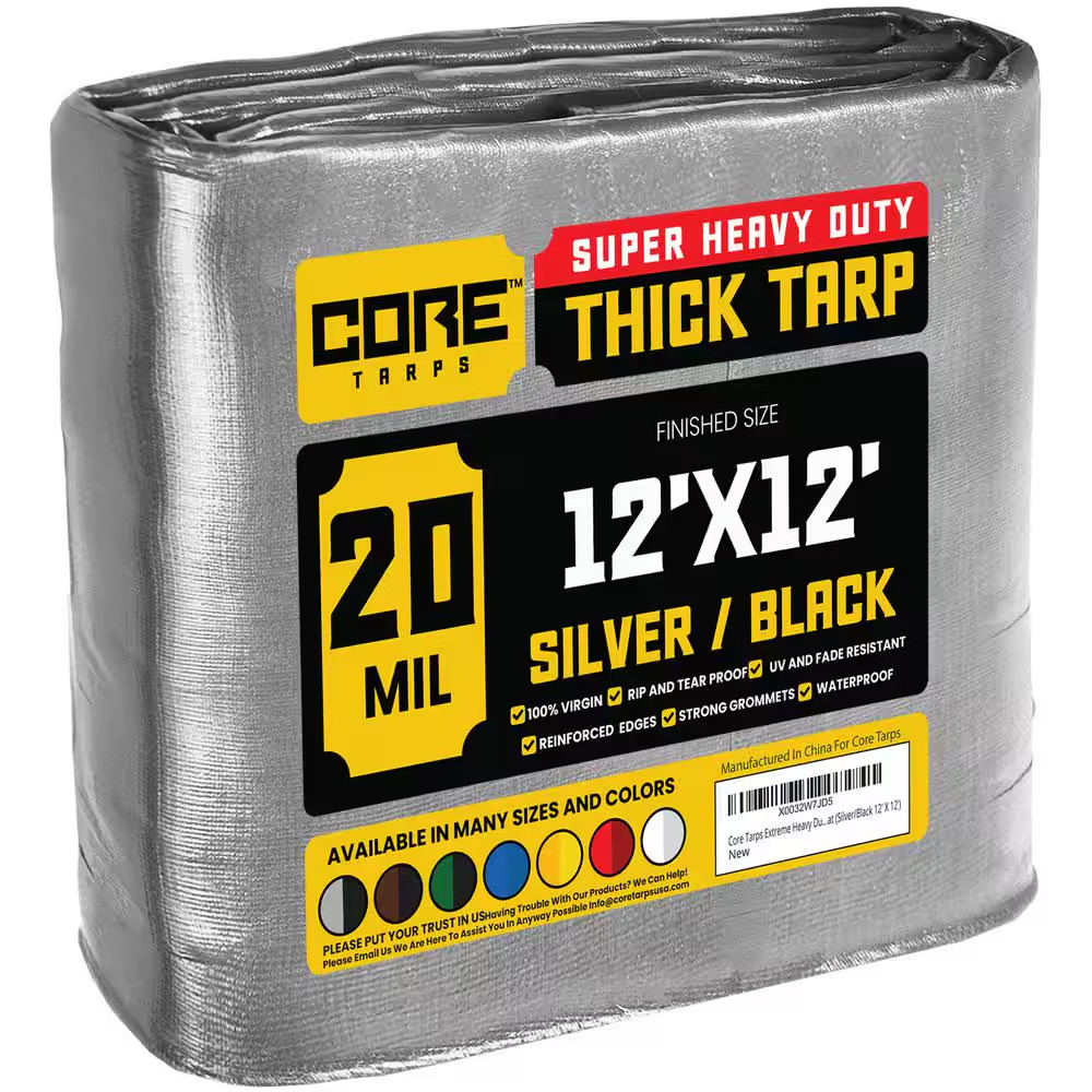 12 Ft. X 12 Ft. Silver/Black 20 Mil Heavy Duty Polyethylene Tarp, Waterproof, UV