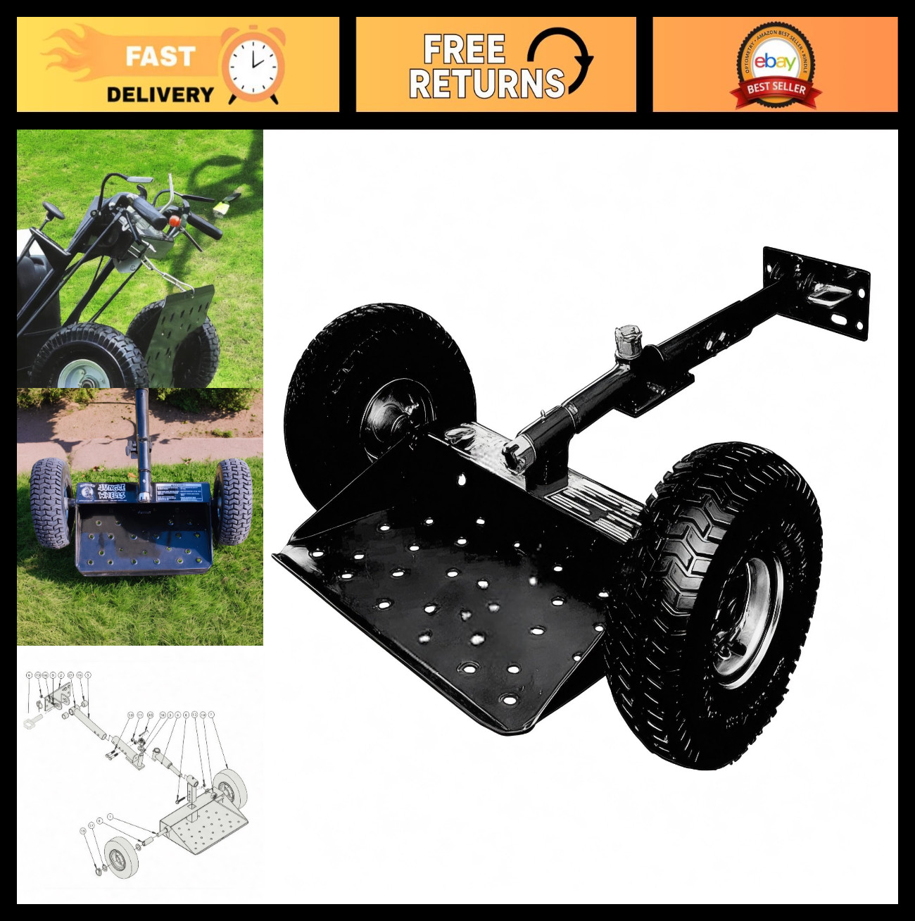 Stand-On Two-Wheel Lawn Mower Sulky – Black Edition, Folding Trailer Hook, 10″ W