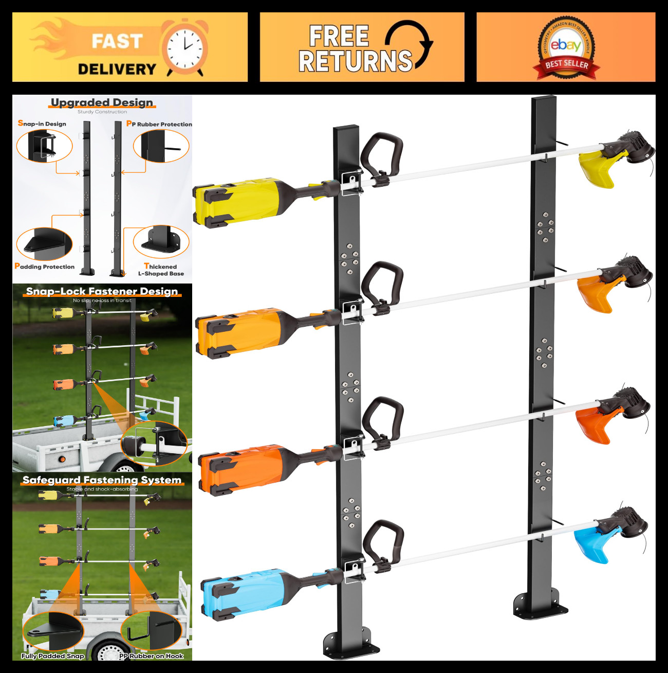 4 Place Trimmer Rack for Trailer – Lockable Weed Eater Holder for Lawn Equipment
