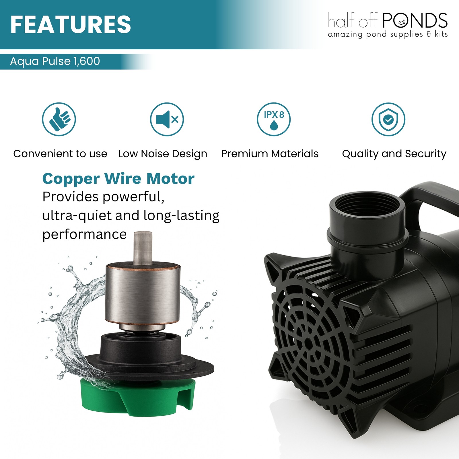 HALF OFF PONDS 1,600 GPH Submersible Pond Pump, Energy Efficient, 33 ft Cord
