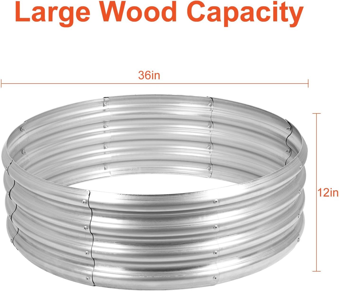 36″ Silver Round Galvanized Steel Fire Ring Pit for Backyard, Camping, Bonfire