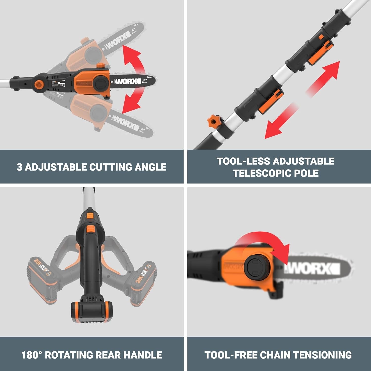 WG349 Worx 20V PowerShare 8″ Cordless Pole Saw & Chainsaw with 13″ Reach