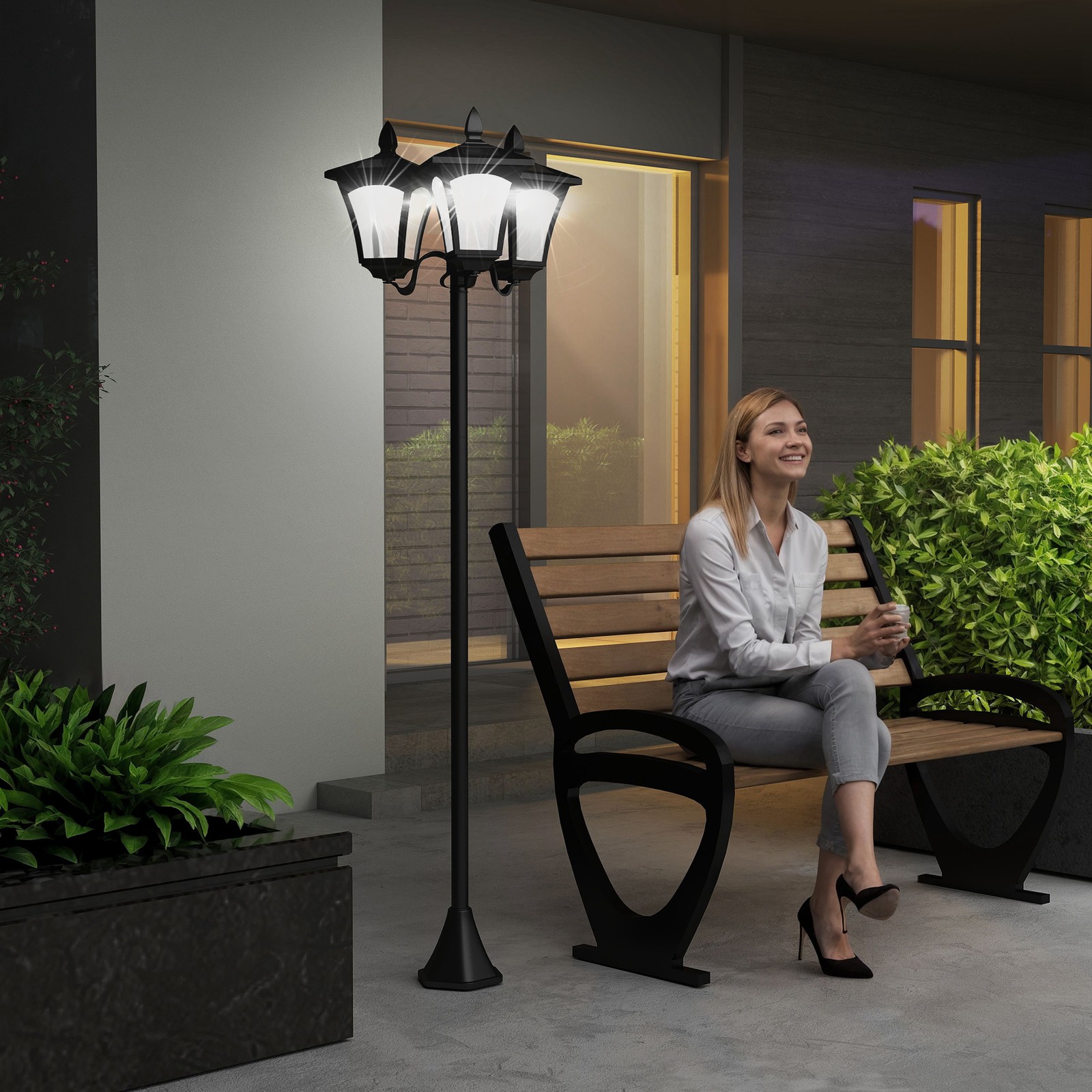 72″ Outdoor Solar Light Post, All-Weather, Triple Head Lamp, Driveway, Black