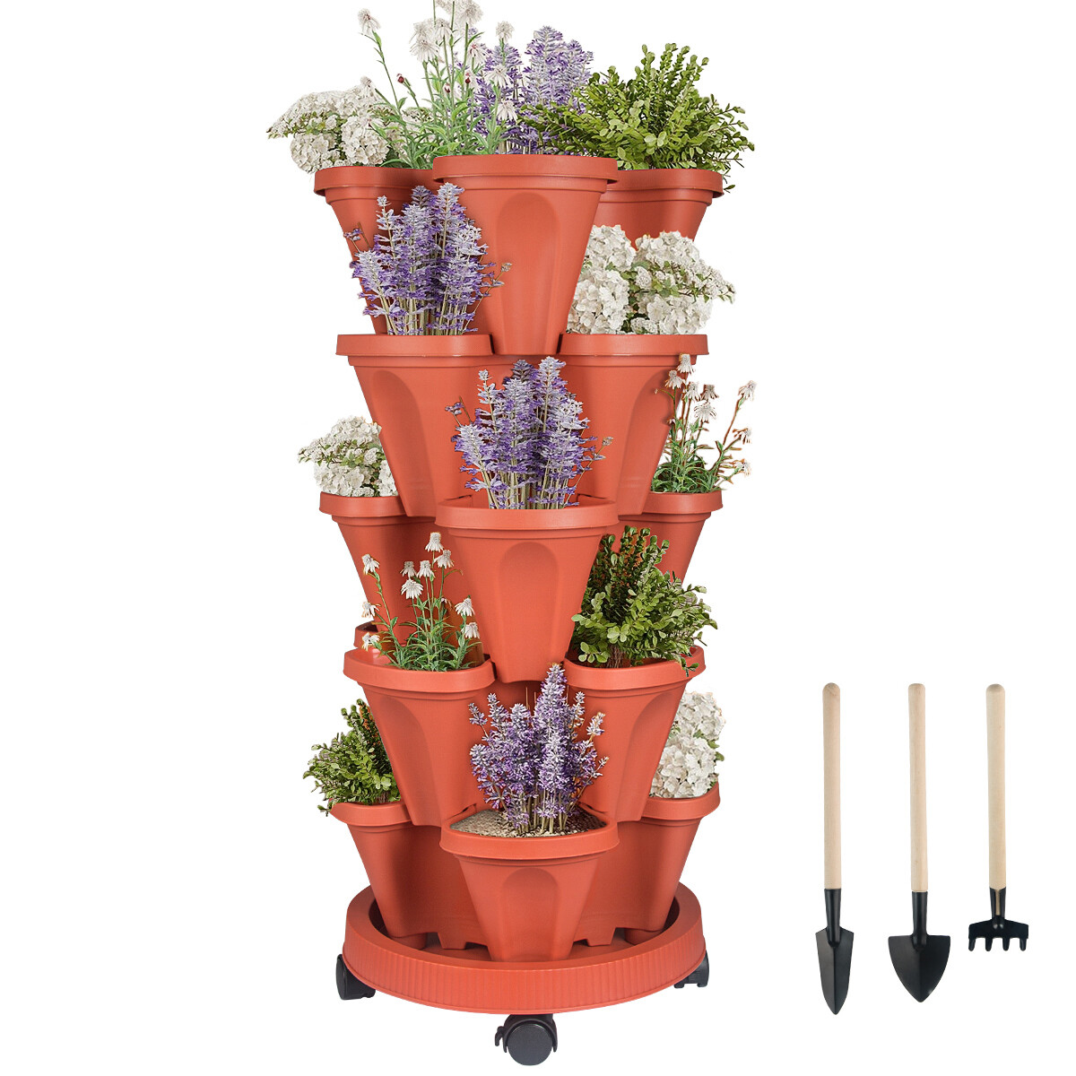 Vertical Planter 3-7 Tier Stackable Planters w/ Wheels & Tools Garden Tower Pot