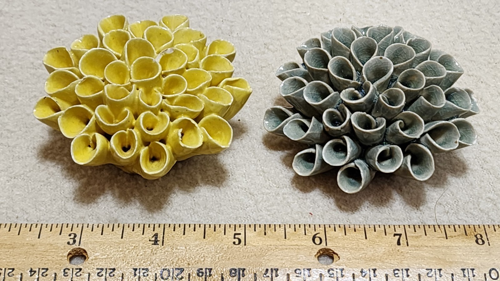 2 Chive Yellow Grey Empire Cabbage Flowers Wall Decor Handmade Pottery