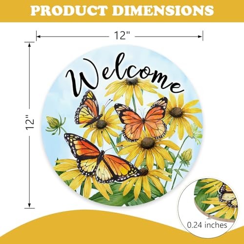 Welcome Spring Summer Daisy Flower Front Door Sign, Yellow Floral Butterfly