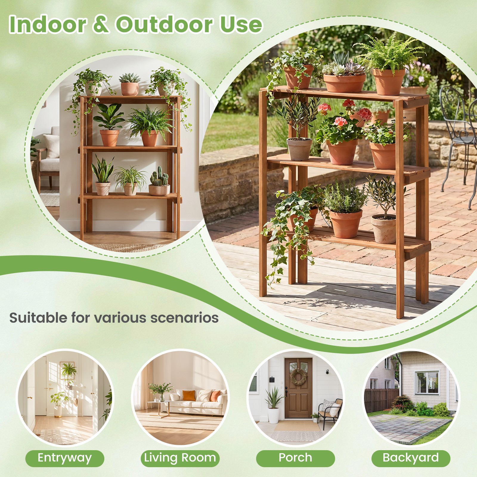 Folding Wooden Storage Shelves, 3-Tier Plant Stand Indoor Outdoor for Entryway