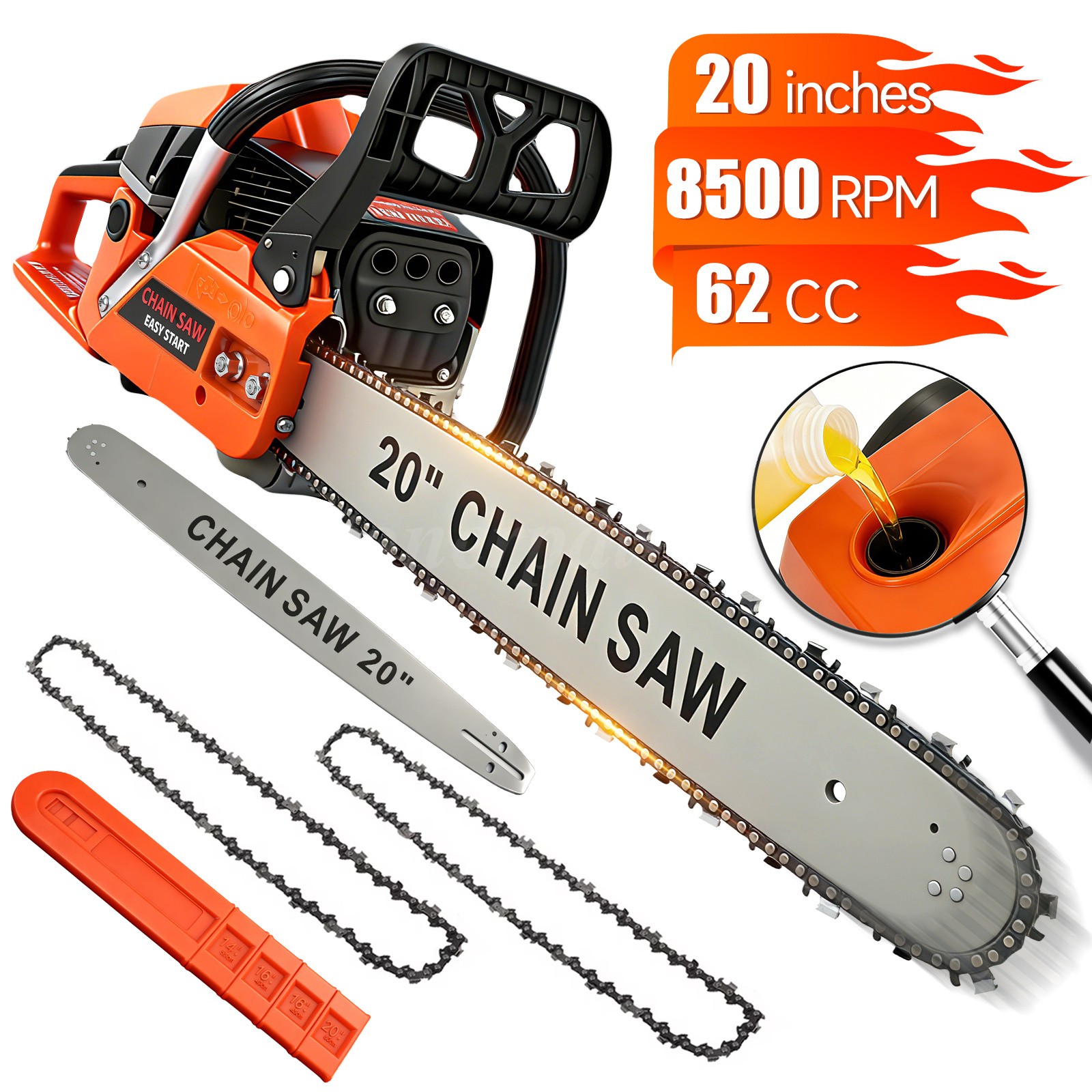 2-Stroke Cordless Chainsaw, 62cc 20″ Bar Power Engine Wood Cutting Gas Chain Saw