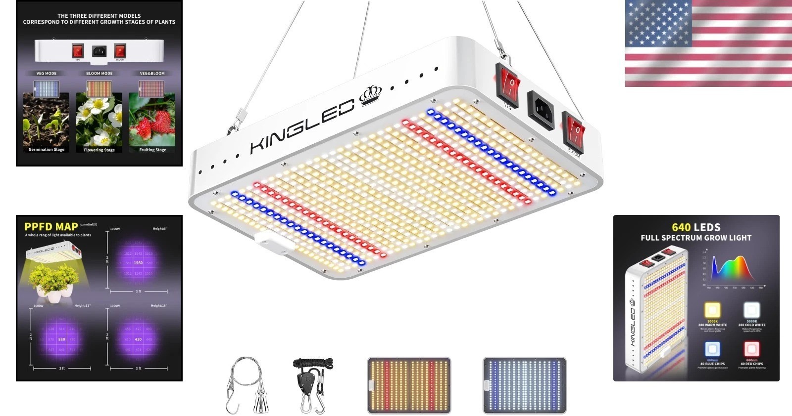 Energy-Efficient KP1000 LED Grow Light with 3870 Lumens for Hydroponics