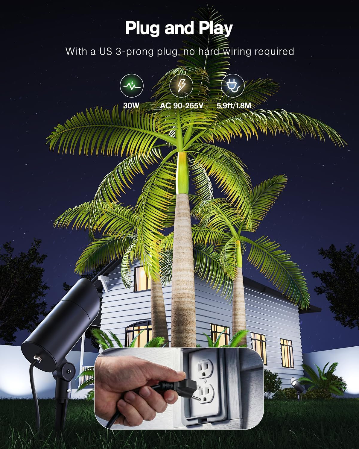 1 Pack 30W Outdoor LED Spotlight 120V 3000LM 5000K Spot Lights Waterproof Landsc