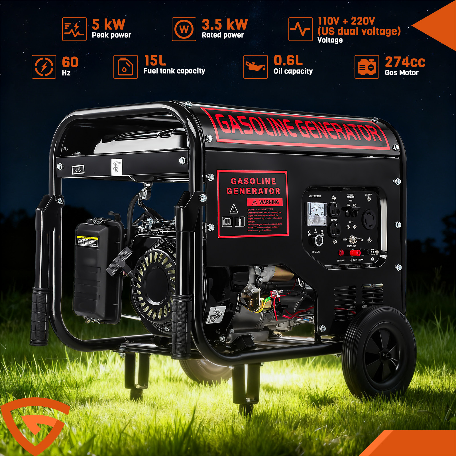 110V+220V Quiet Inverter Generator 5000W 274cc Gasoline Power Electric Start