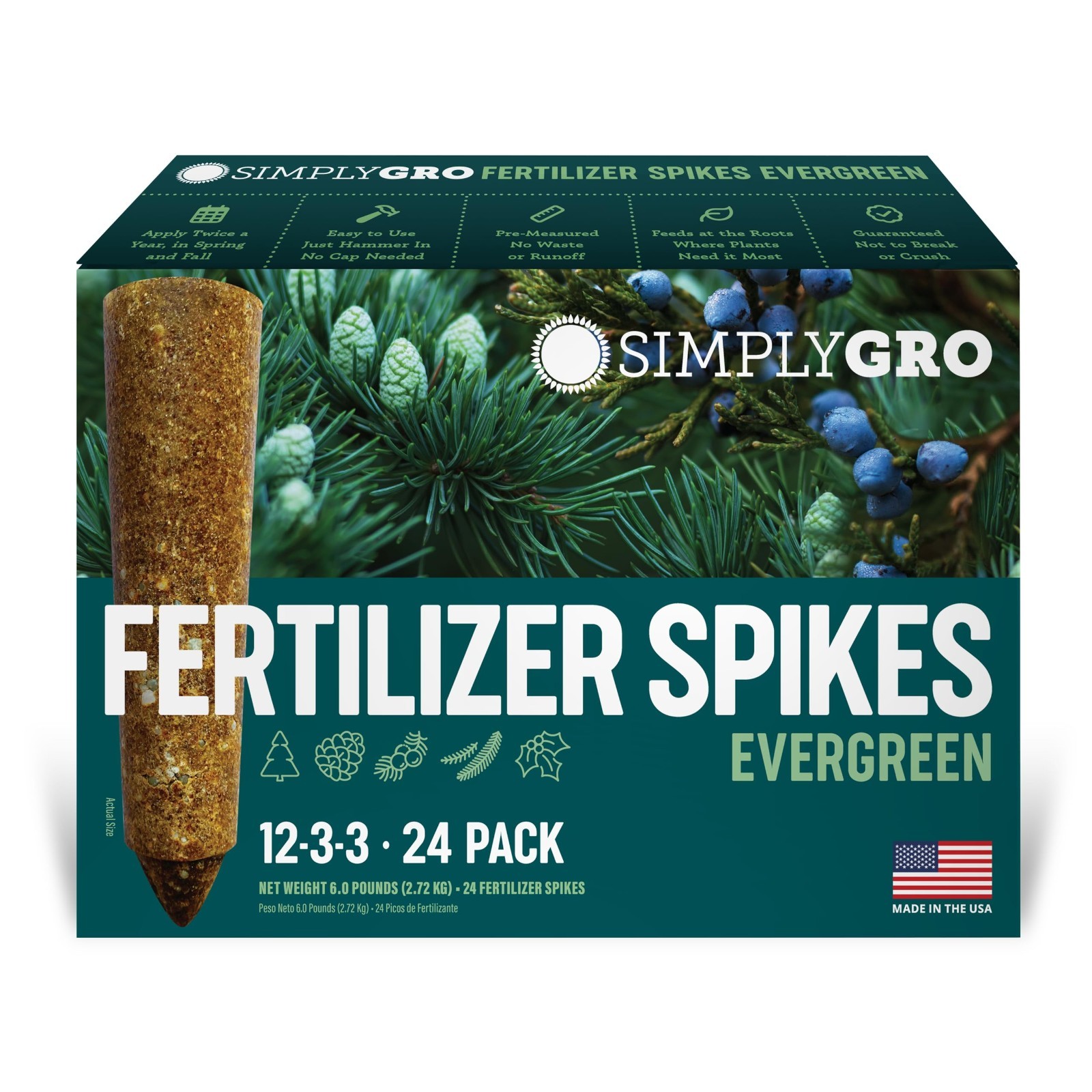 Evergreen Tree & Shrub Fertilizer Spikes – 24 Count, 6.0 Lbs, Nutrient Boost