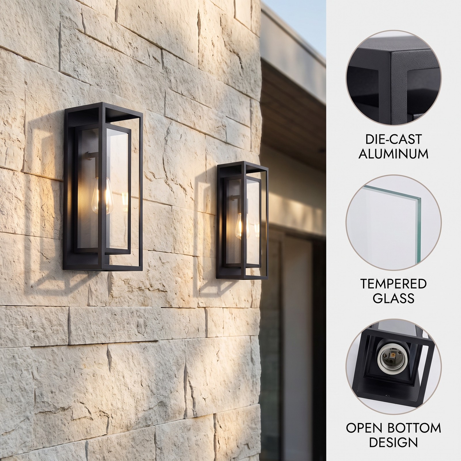 2 Pack 18″ Black Modern Outdoor Wall Lantern Glass Entryway Patio Sconce Light