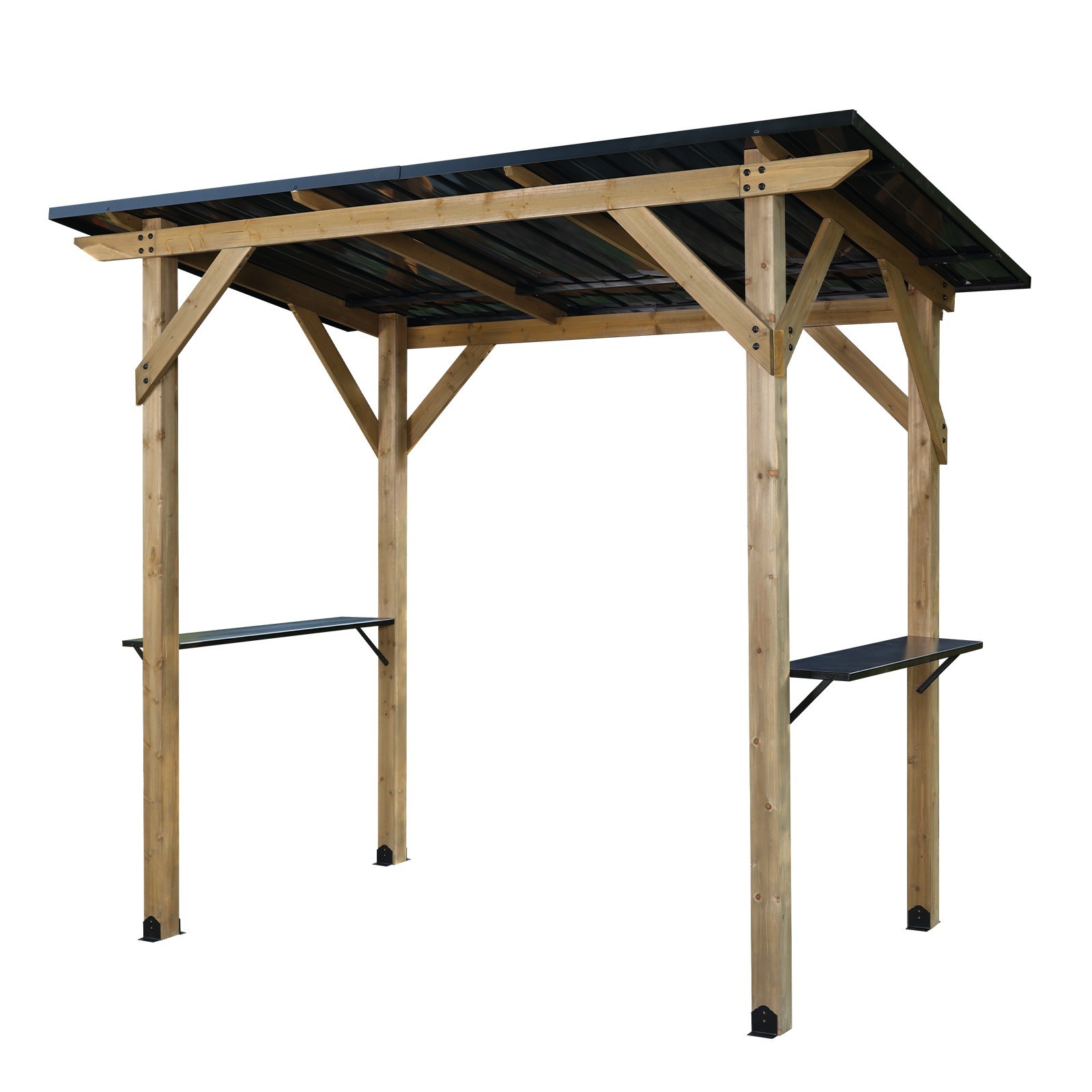 Aoodor BBQ 8×5 FT Wooden Grill Gazebo Outdoor w/ Sloping Hardtop, 2 Side Shelves