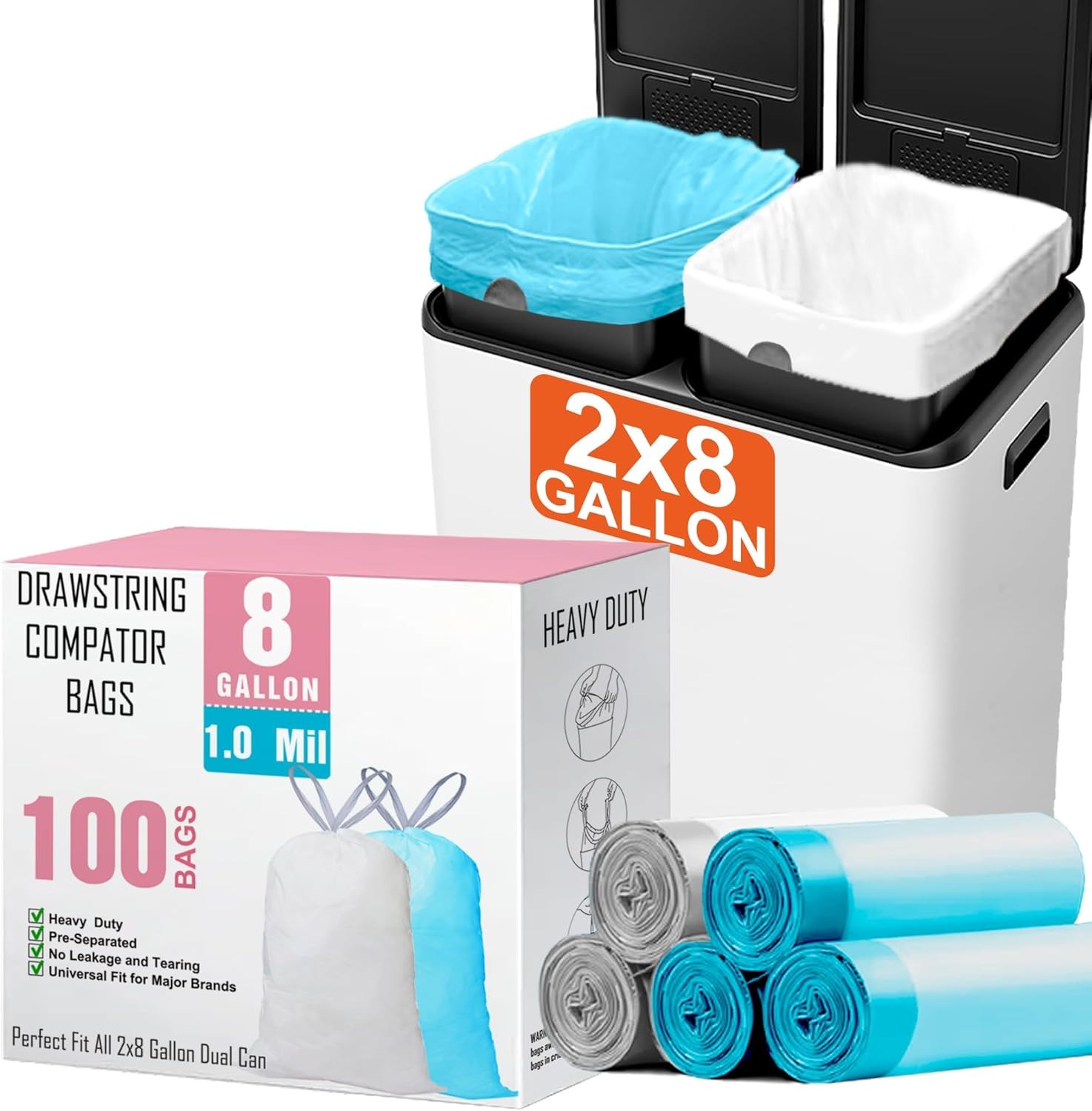 8 Gallon Drawstring Trash Bags 100 Count 1.0 Mil Kitchen Liners