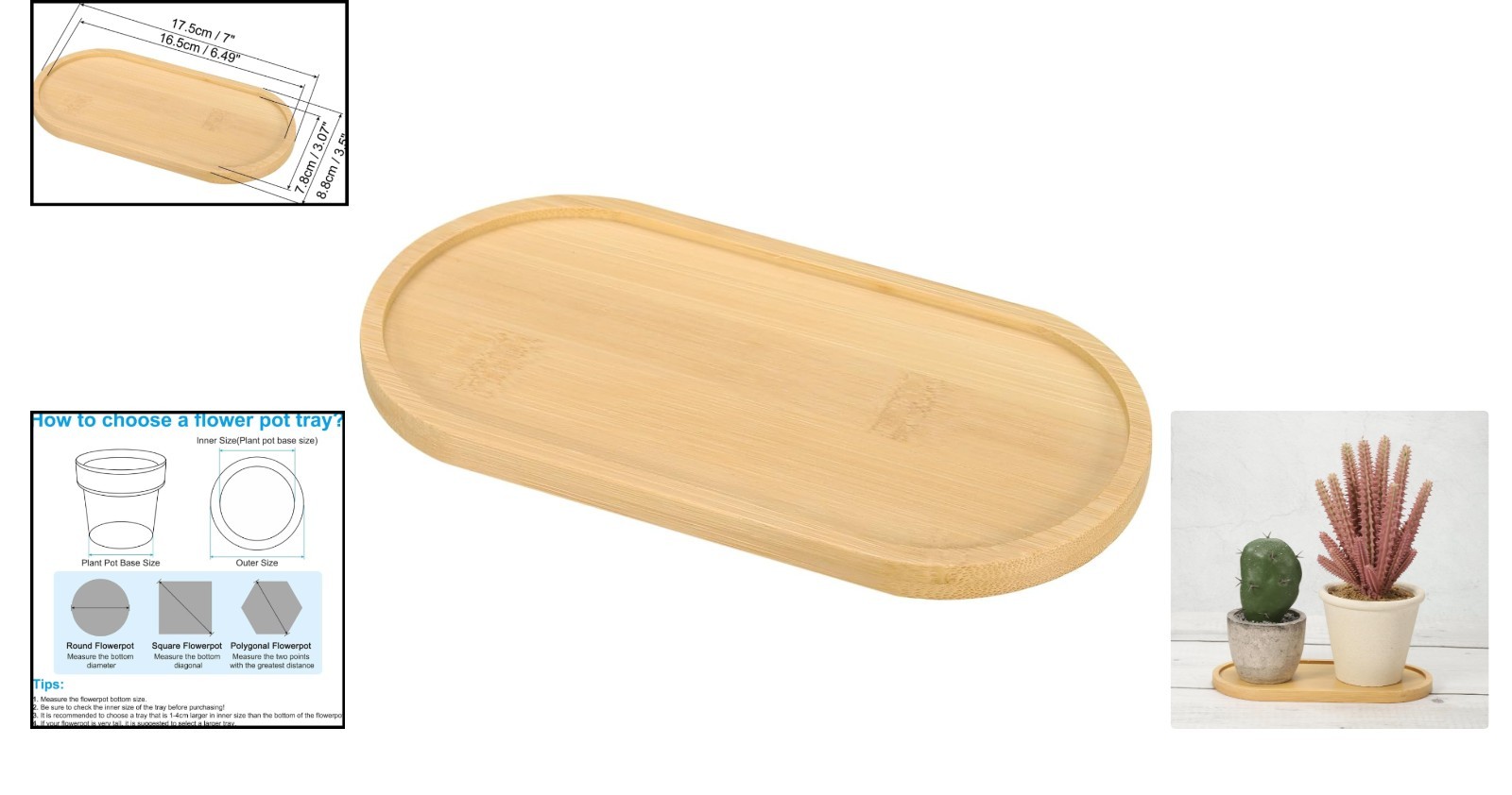 Elegant 7×3.5 Inch Bamboo Wood Saucer – Non-Slip Rectangular Plant Tray