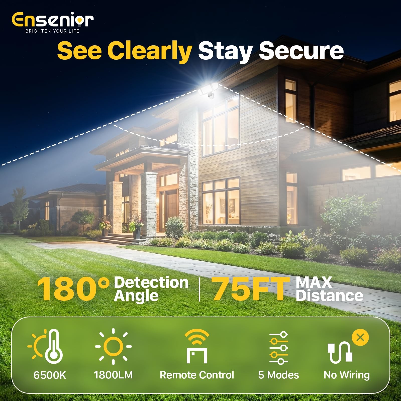 5 Motion Sensor Modes Solar Security Light, 1800LM 270° Wide Angle 3 Heads LE…