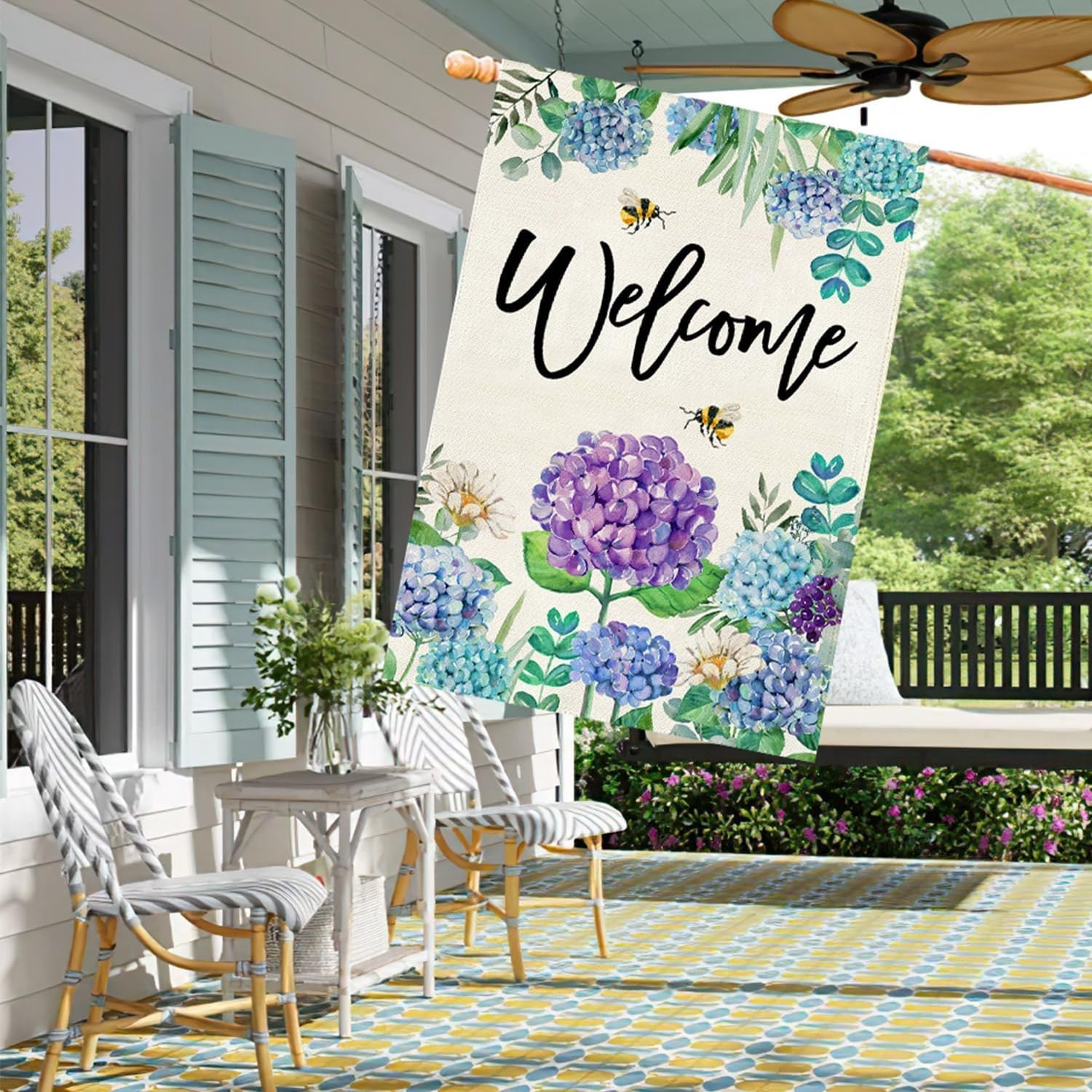 Spring Summer Hydrangea House Flag Double Sided 28×40 Inch, Blue Purple Flowe…