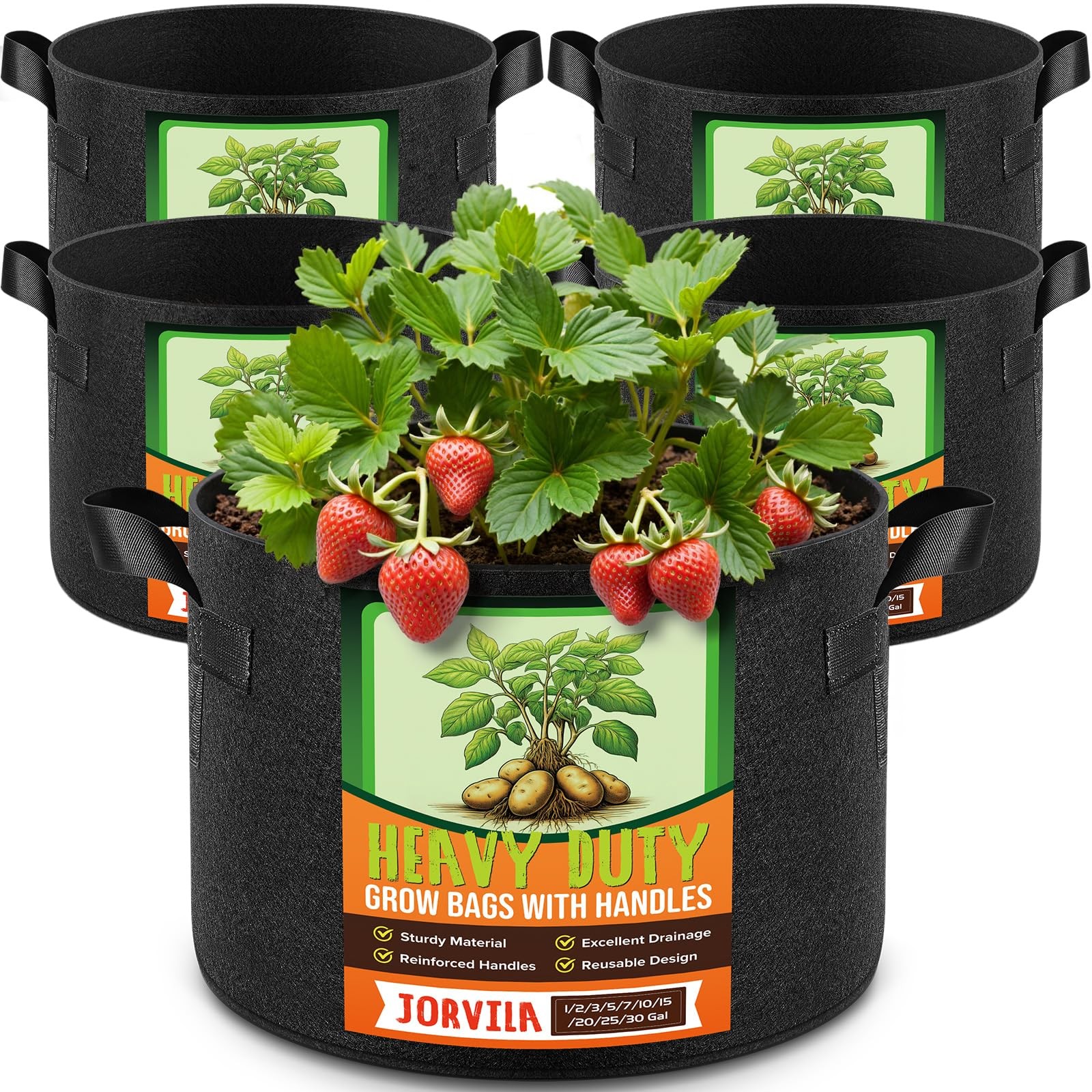 Jorvila 5 Pack 10 Gallon Grow Bags, Thickened Nonwoven 10 Gallon, Black