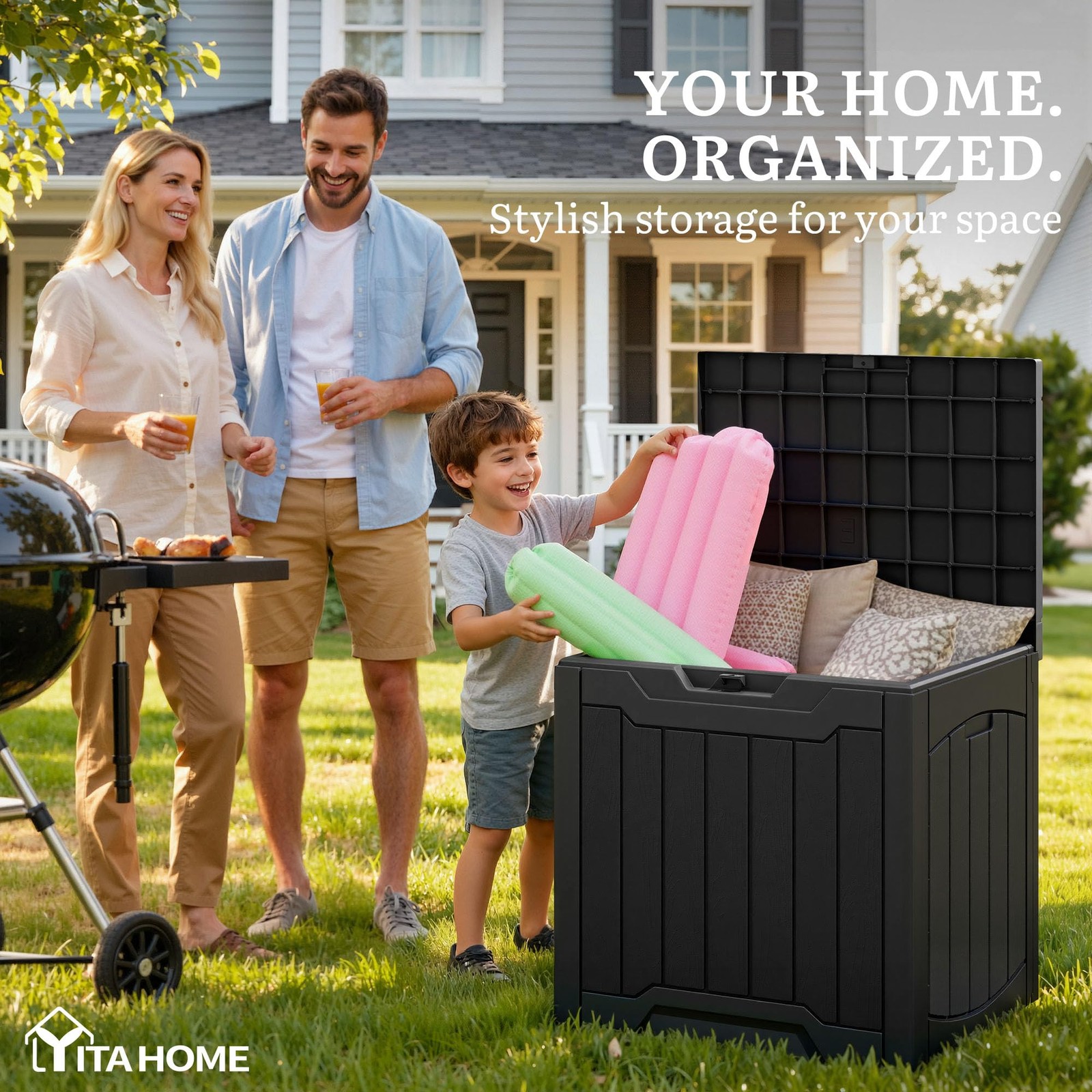 Deck Box 31 Gallon 4pcs Lockable Outdoor Storage Resin Black YITAHOME Boxes Bins