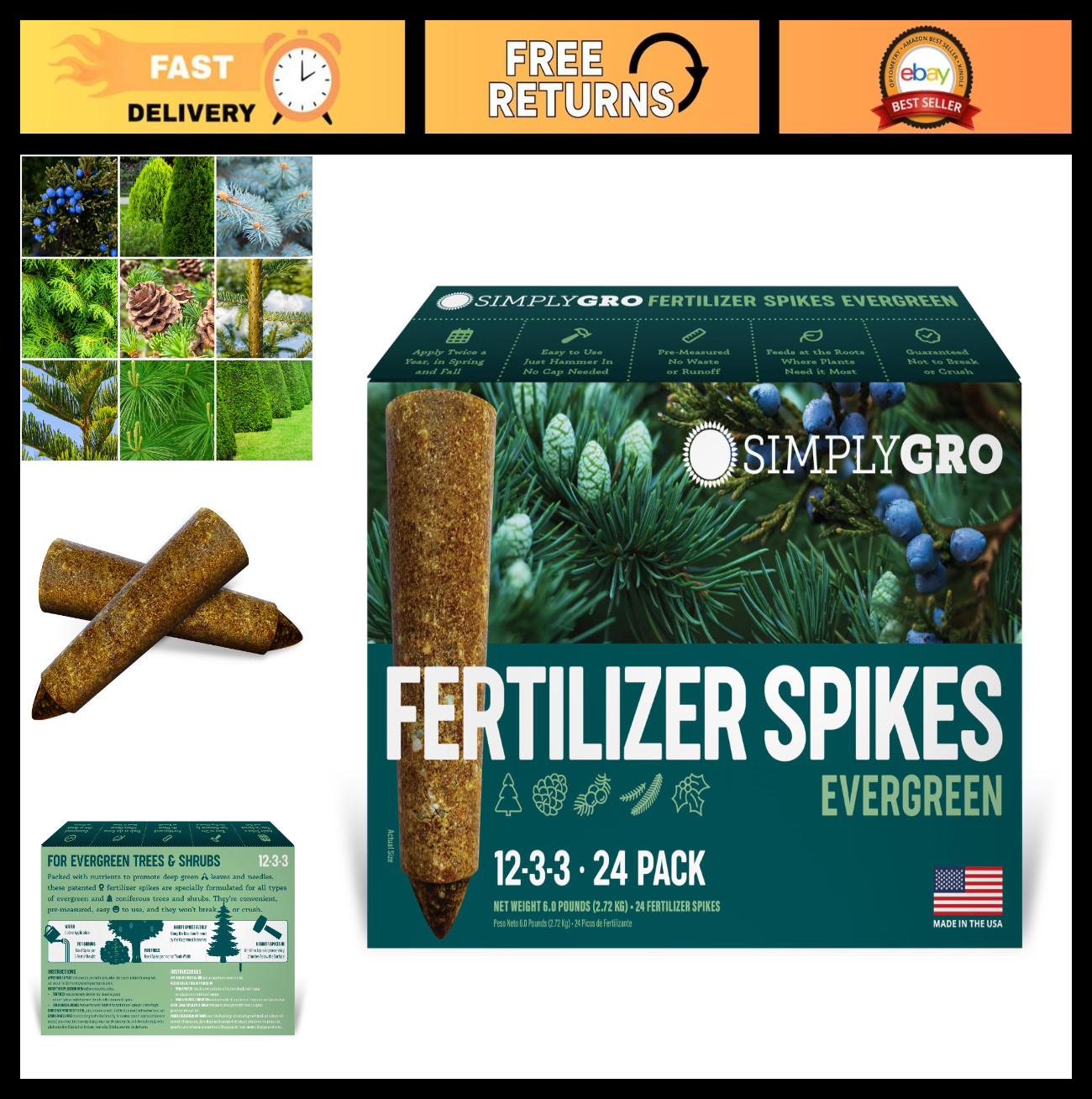 Evergreen Tree & Shrub Fertilizer Spikes – 24 Count, 6.0 lbs Nutrient Boost