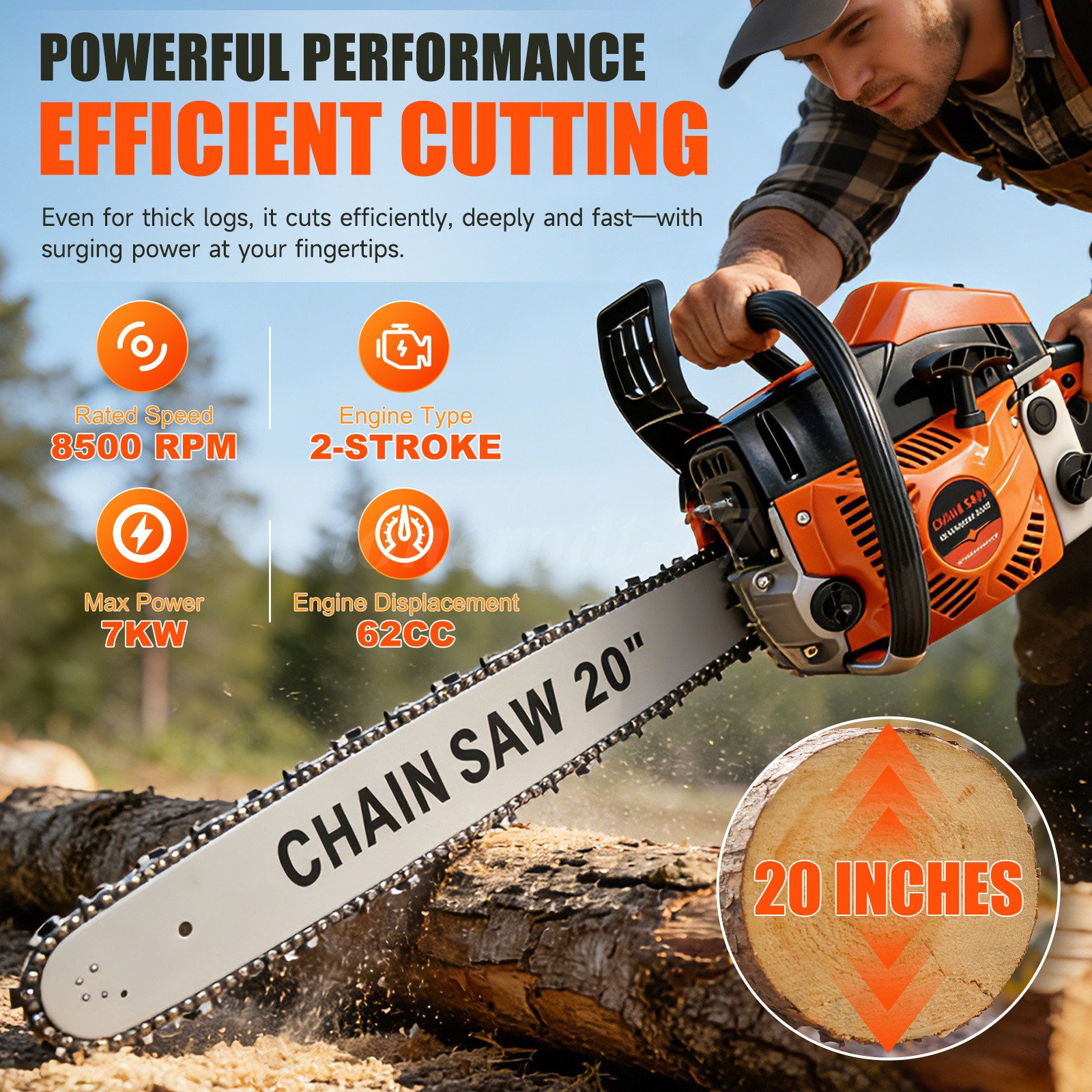 2-Stroke Cordless Chainsaw, 62cc 20″ Bar Power Engine Wood Cutting Gas Chain Saw