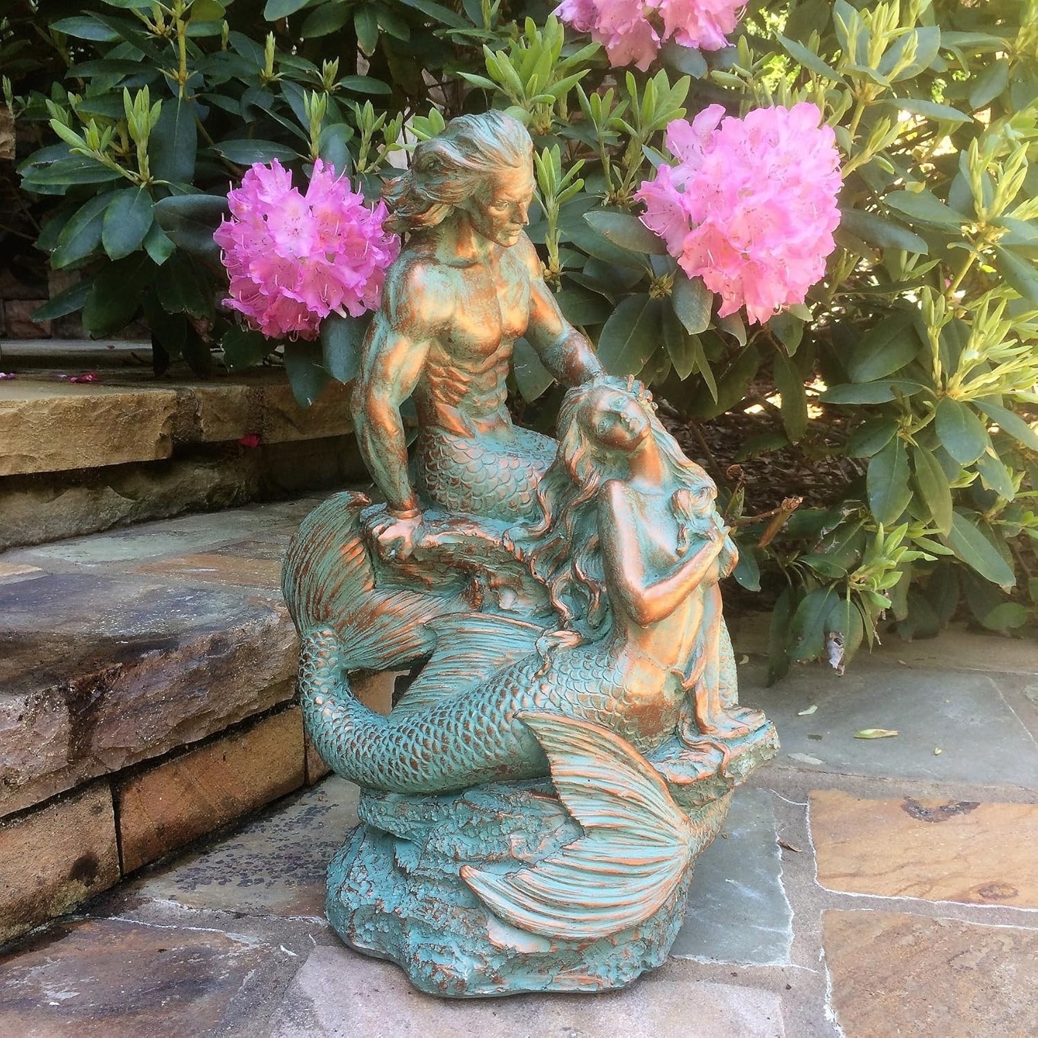 18in Merman & Mermaid Statue Nautical Garden Beach Decor Bronze Patina FinishArt