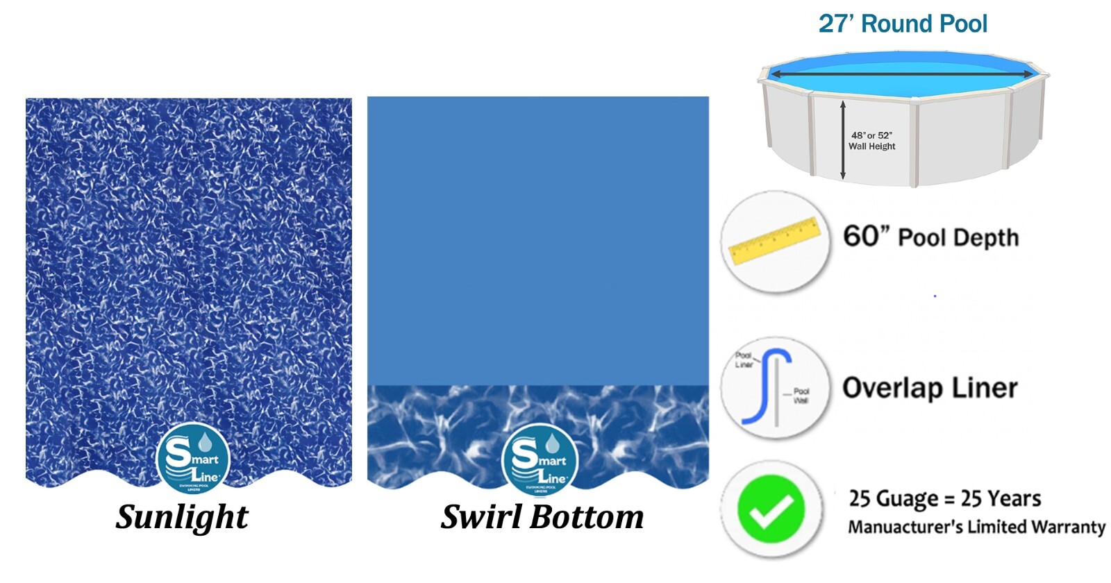SmartLine 27′ Round Overlap 60″ Expandable Swimming Pool Liner – 25 Gauge