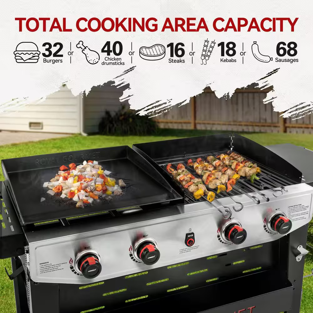4-Burner Gas Grill and Griddle Combo with Cooking Grates, Black and Silver, Heav