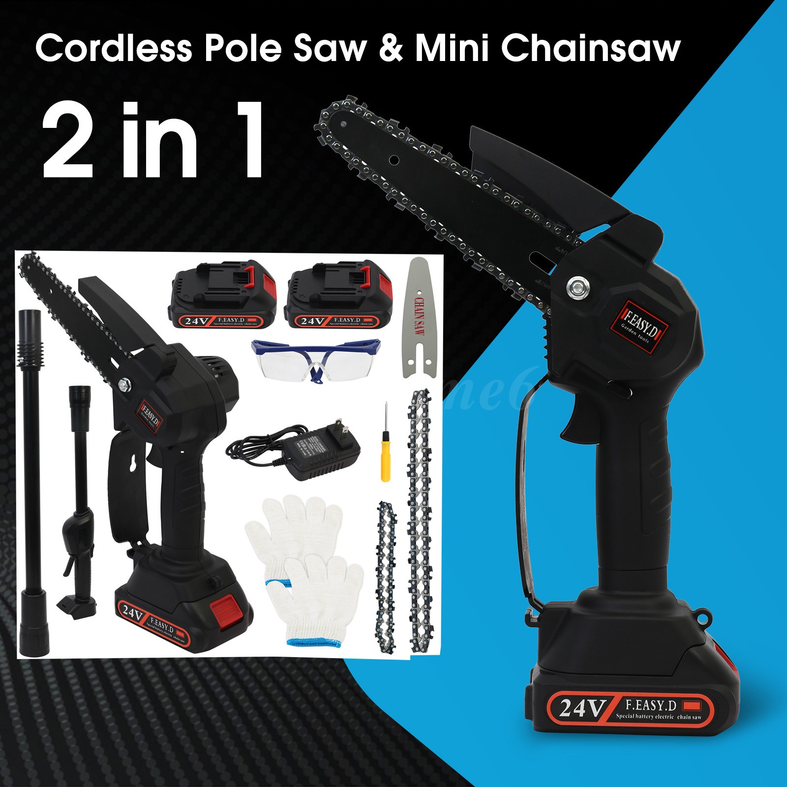 2 in1 Cordless Pole Saw Brushless Mini Chainsaw for Tree Trimming w/ 2 Batteries
