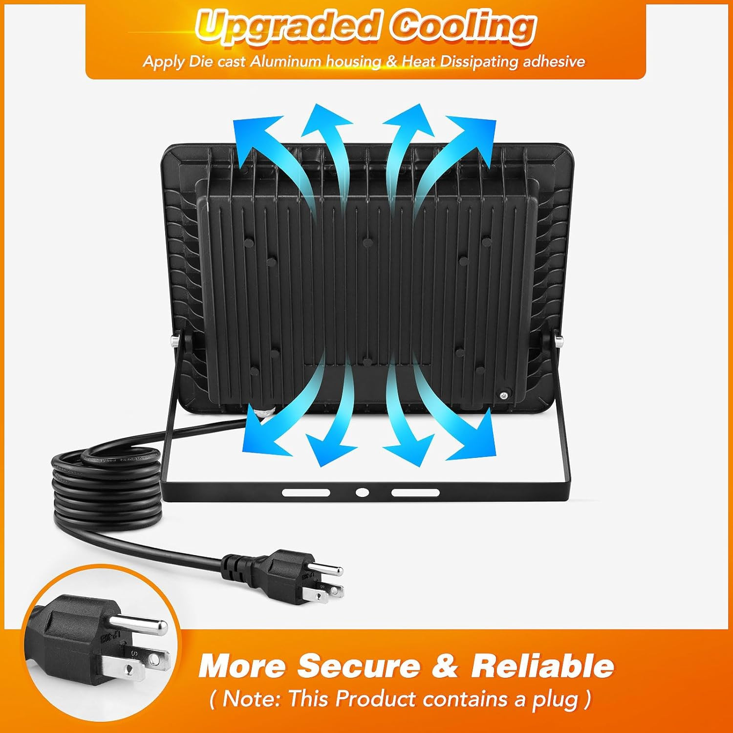 2 Pack 100W LED Flood Light 10000Lm IP66 6500K Plug In Outdoor Security