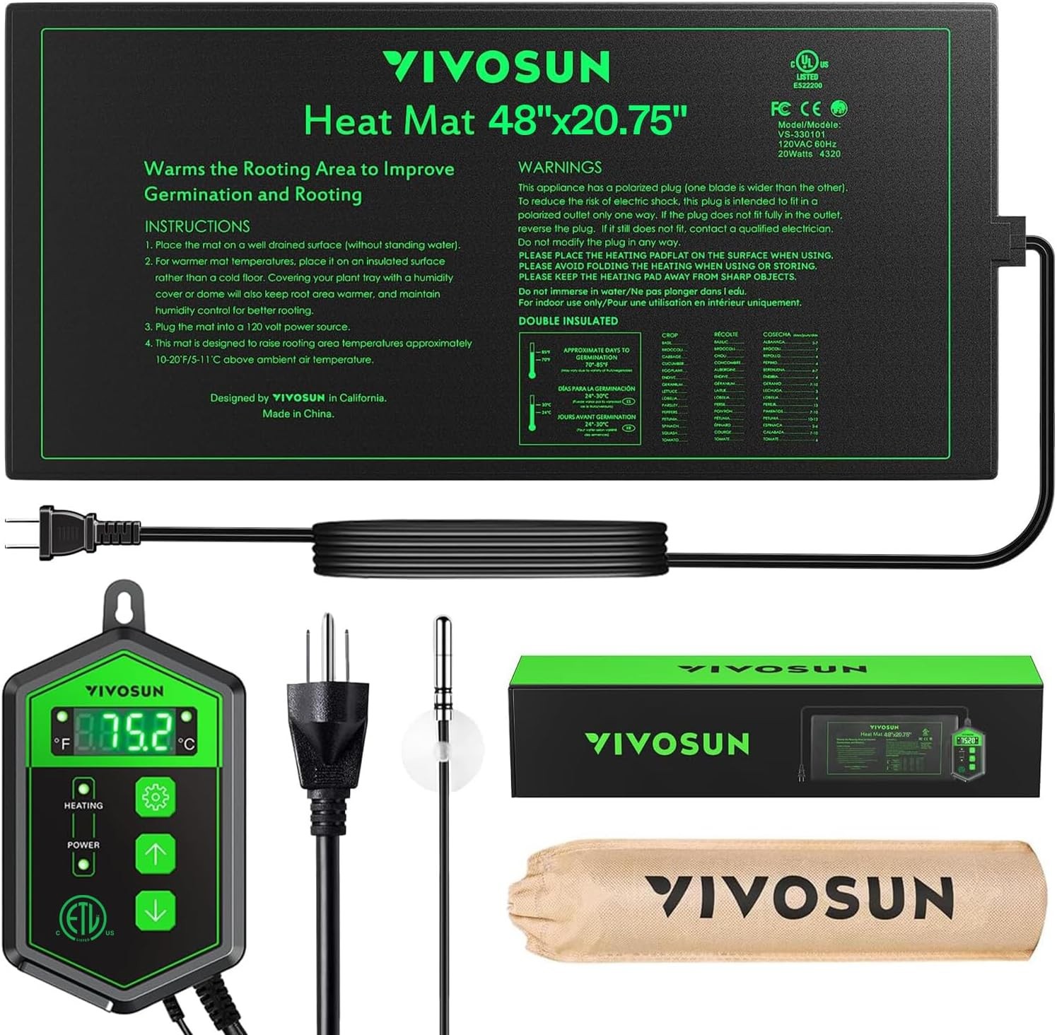 48″ x 20.75″ Seedling Heat Mat and Digital Thermostat Combo Set, UL & MET-Certif