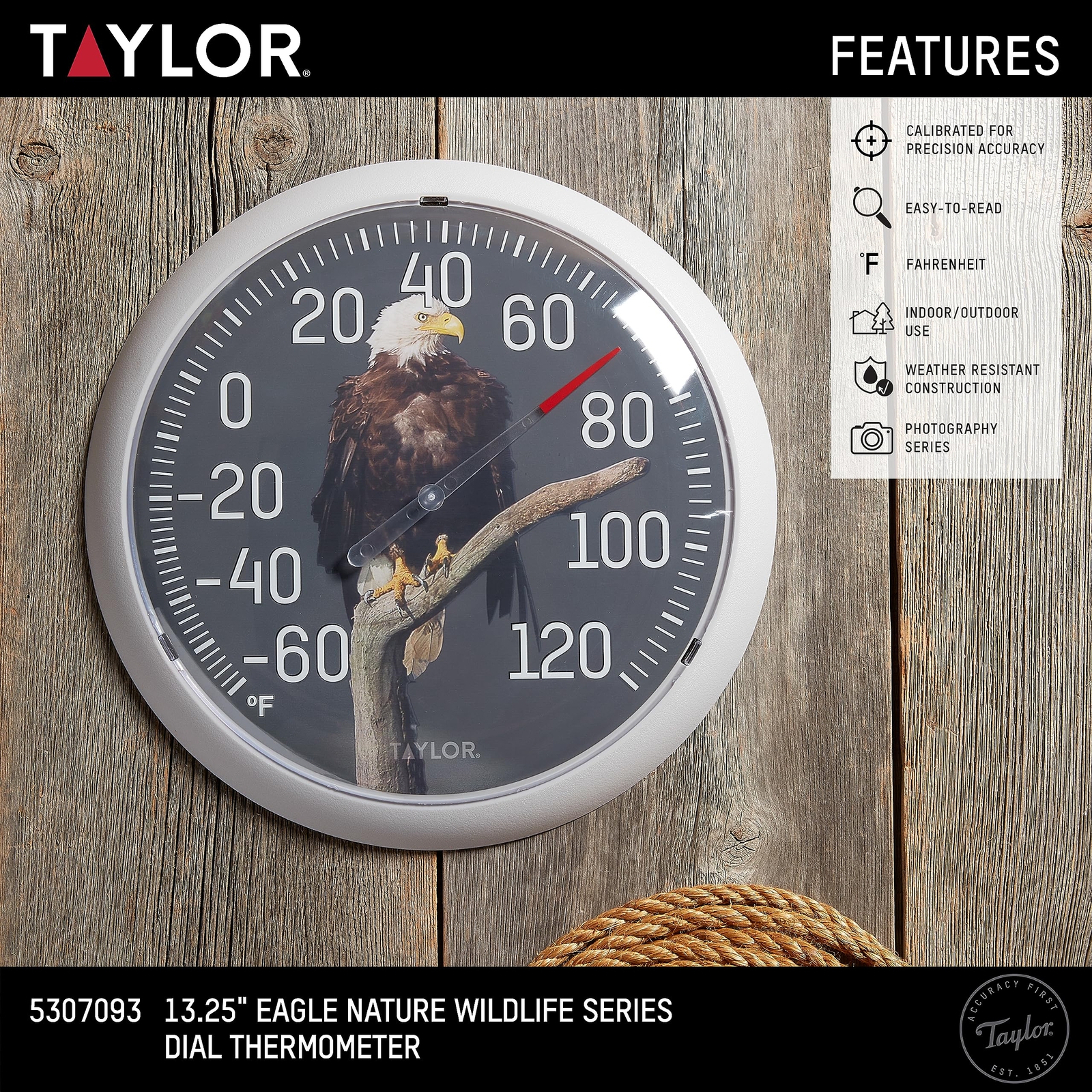 Taylor Nature Series Eagle Indoor Outdoor Dial Thermometer, Easy to Read Wall