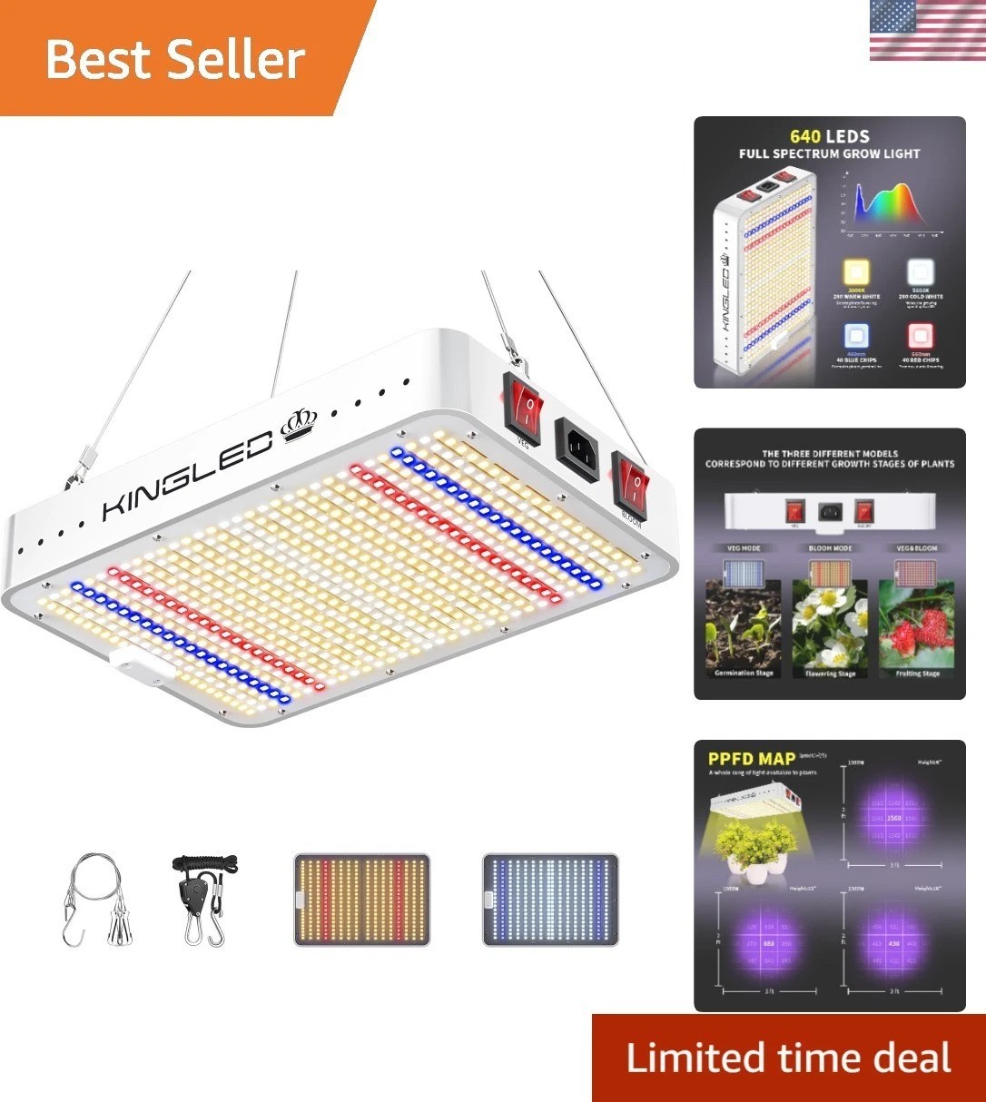 Energy-Efficient KP1000 LED Grow Light with 3870 Lumens for Hydroponics