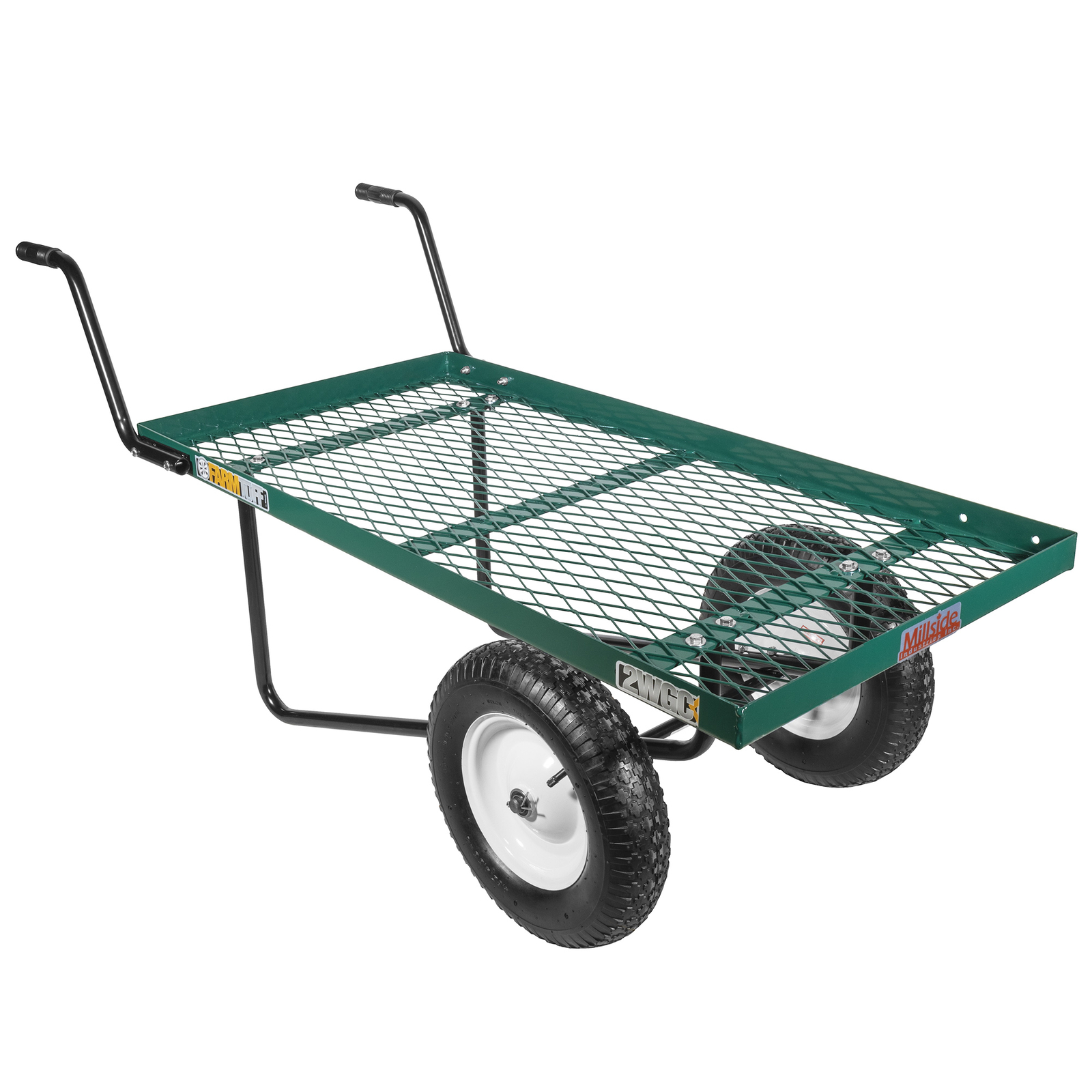 Farm Tuff Two Wheel Metal Push Cart with Pneumatic Tires, Green, 24″ x 48″
