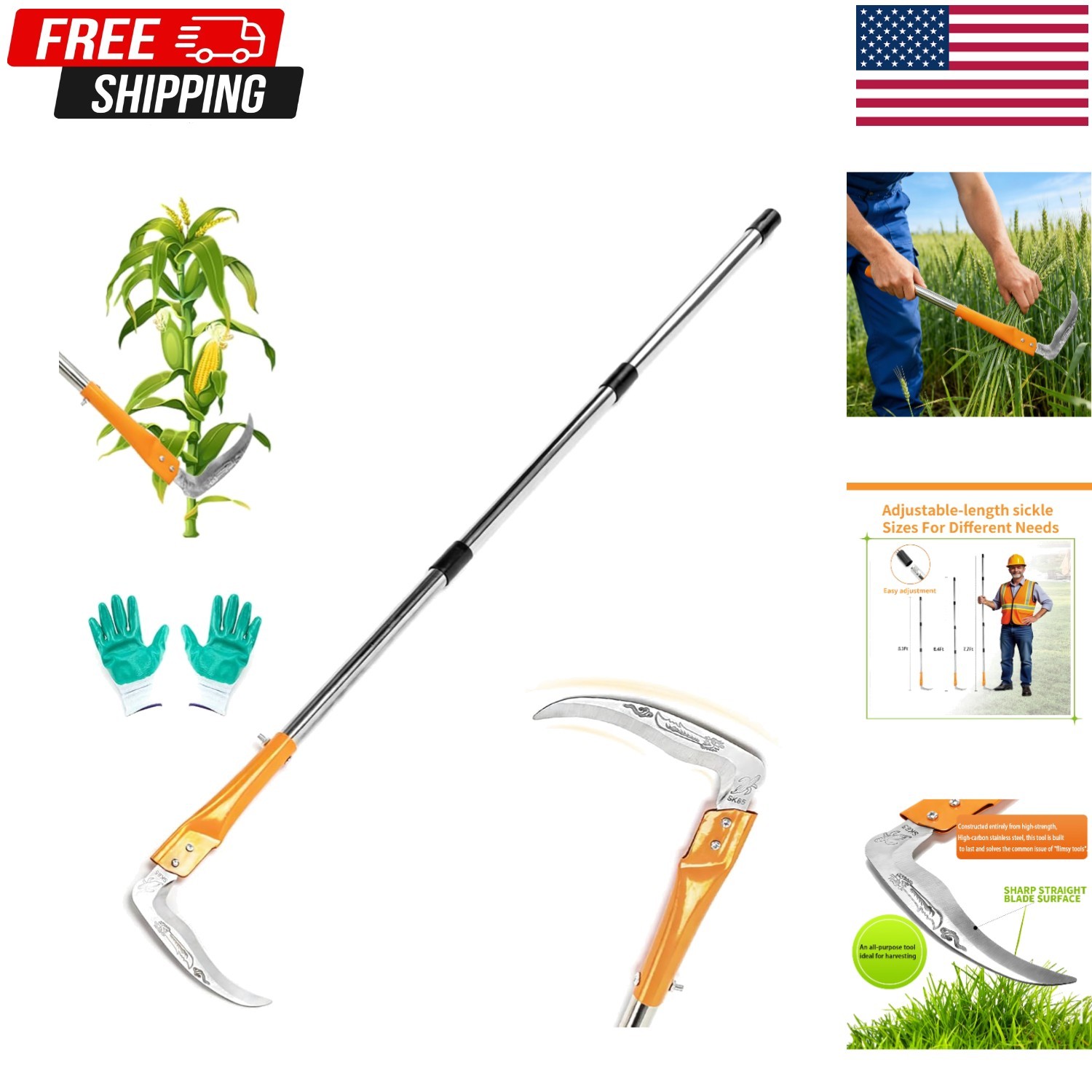 Scythe Tool,Sickle Garden Tool High-carbon steel adjustable long-handled ligh…