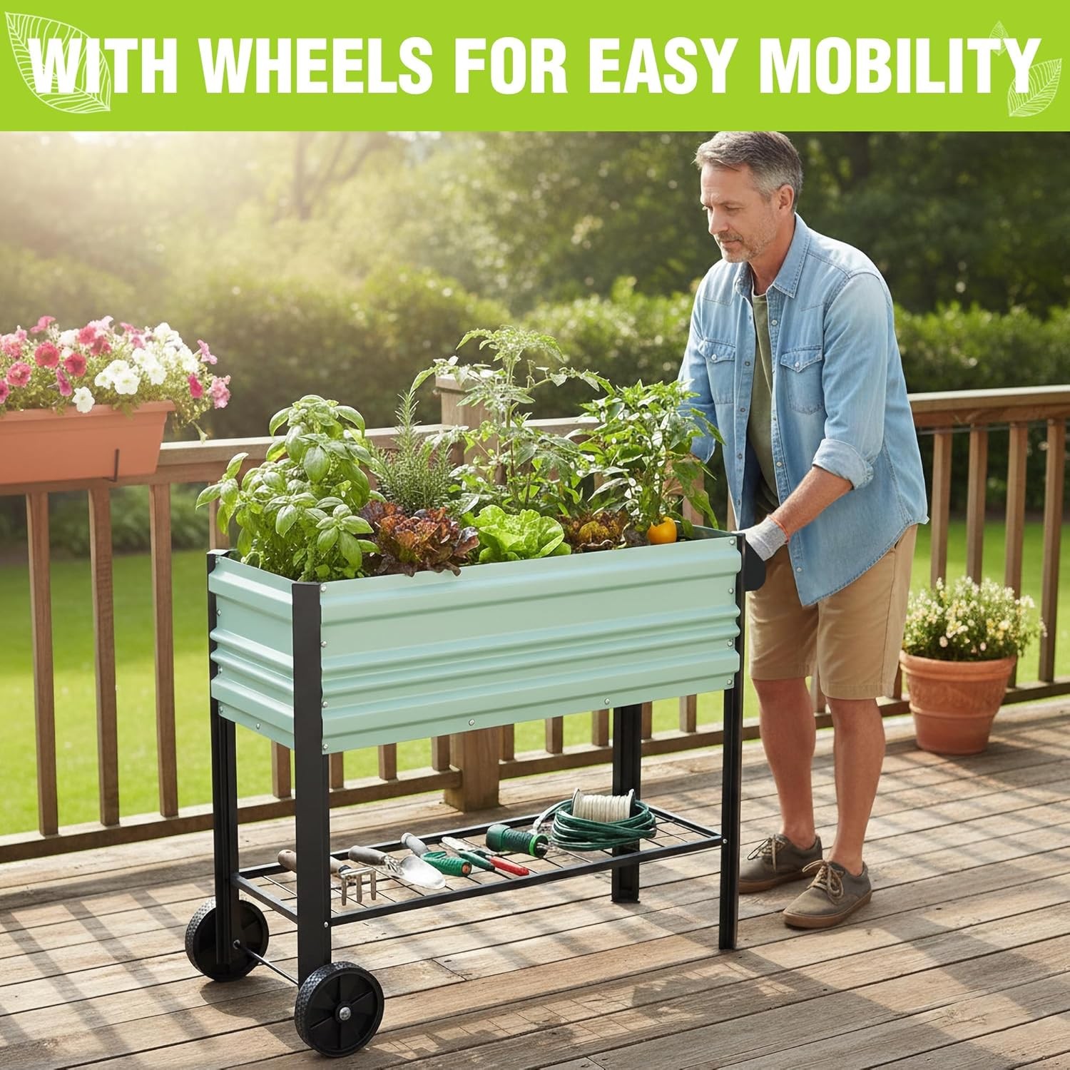 WORKPRO 37×14.6×31.6″ Galvanized Raised Garden Bed w/Legs Wheels 400LBS Capacity